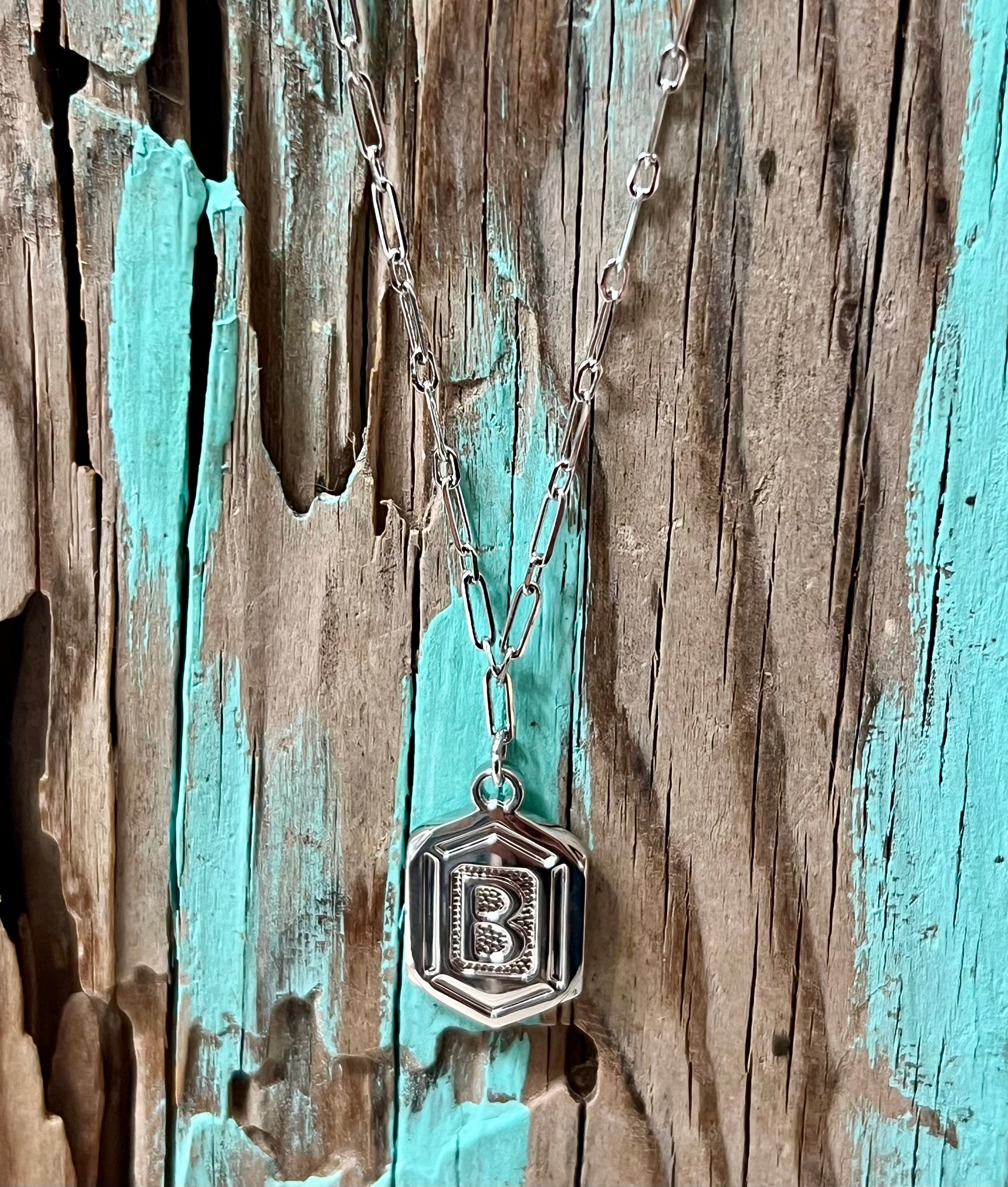 Hexagon Tag Initial “B” Pendant Necklace