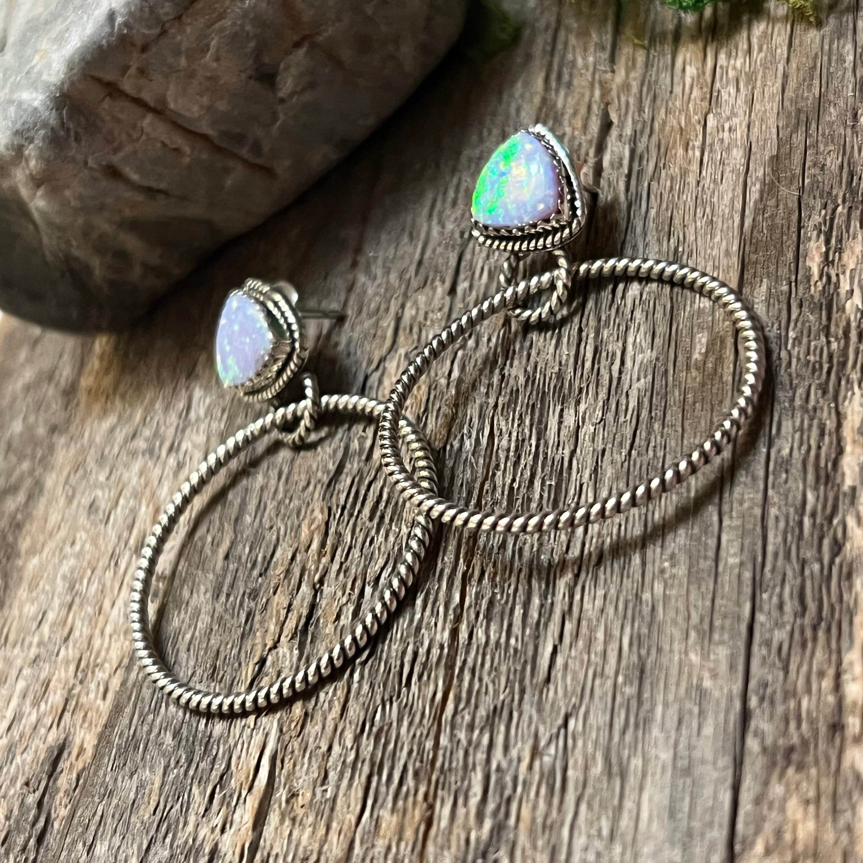 Handmade Pink Speckled Opal & Sterling Silver Hoop Earrings