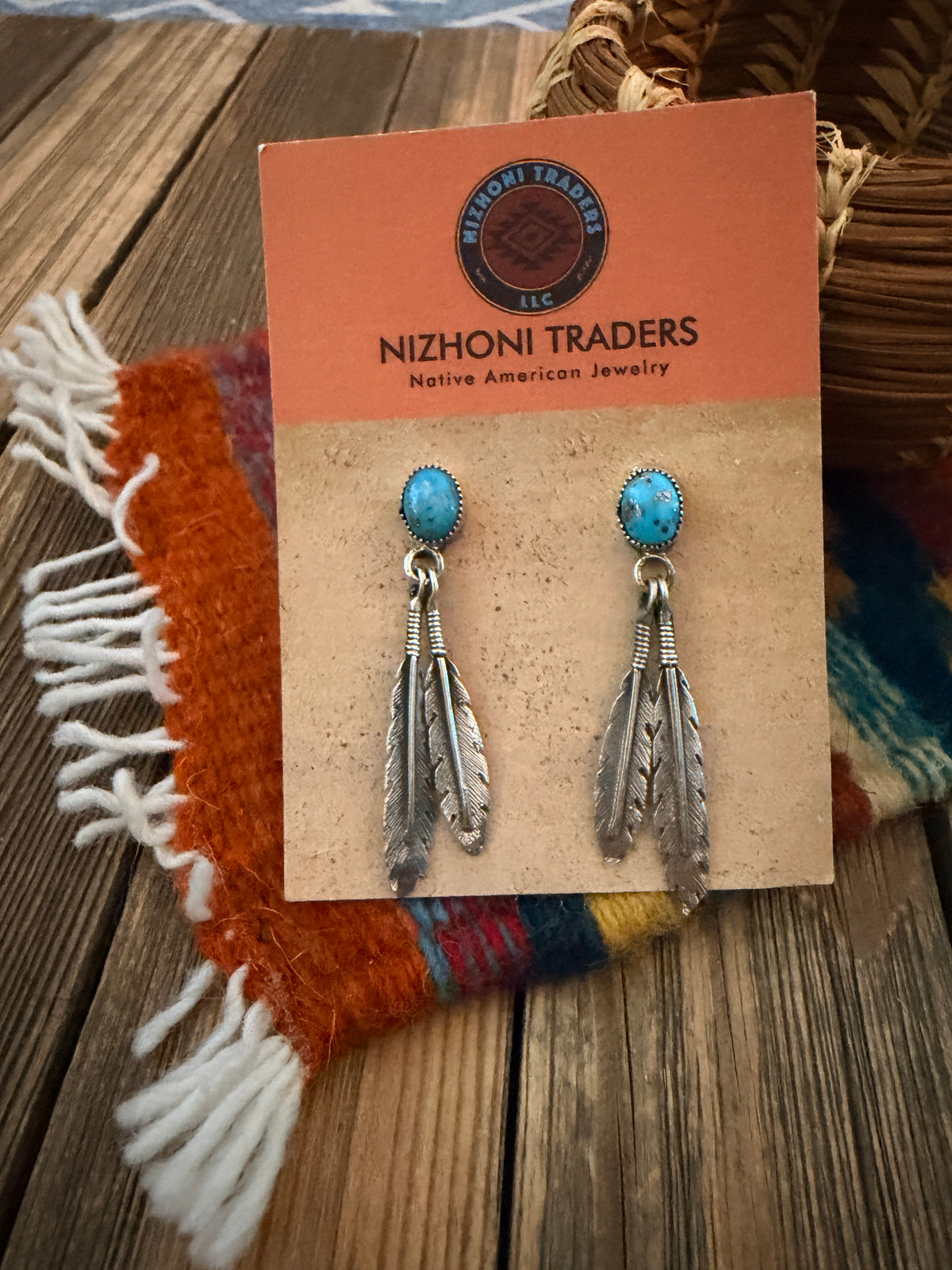 Handcrafted Turquoise & Sterling Silver Feather Dangle Earrings