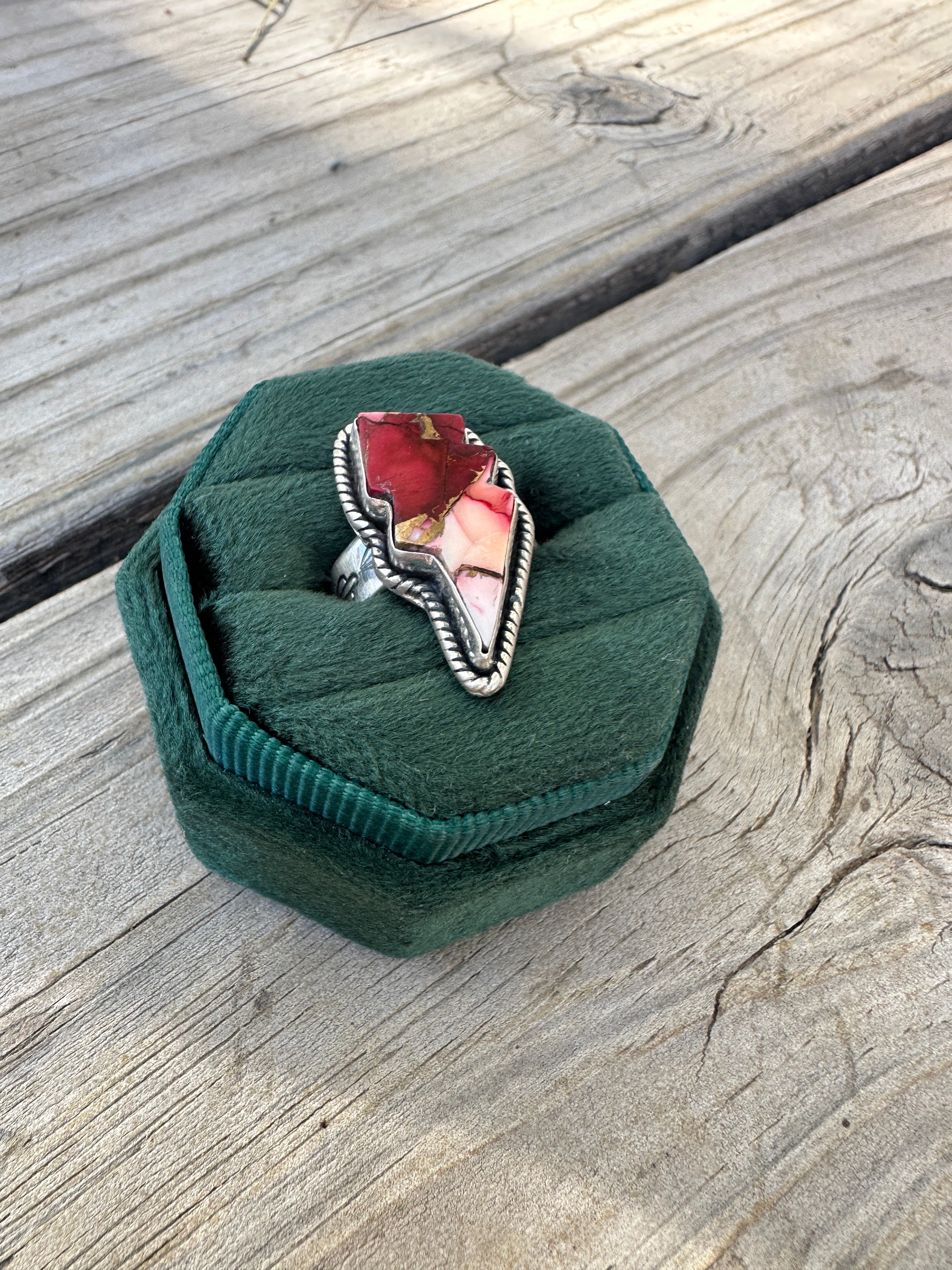 Beautiful Handmade Dahlia Rose And Sterling Silver Adjustable Lightening Bolt Ring