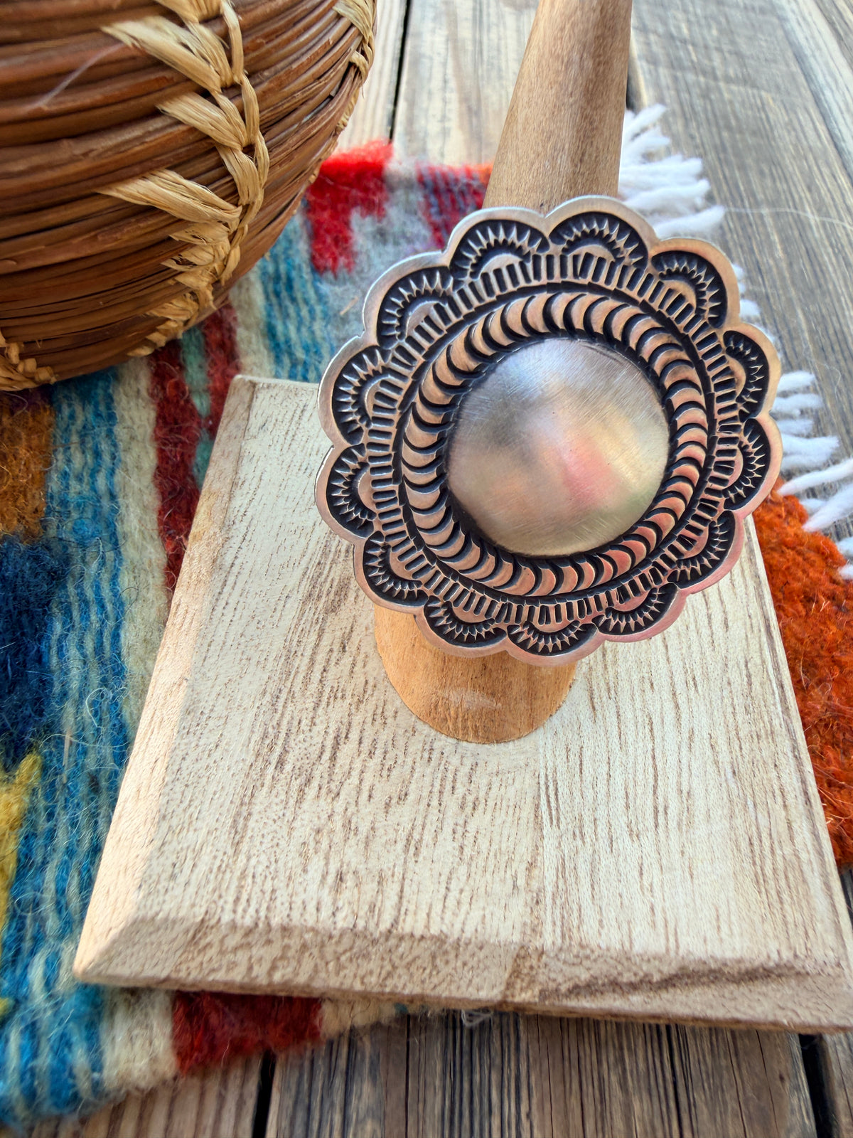 Handcrafted Sterling Silver Adjustable Concho Ring by Leander Tahe