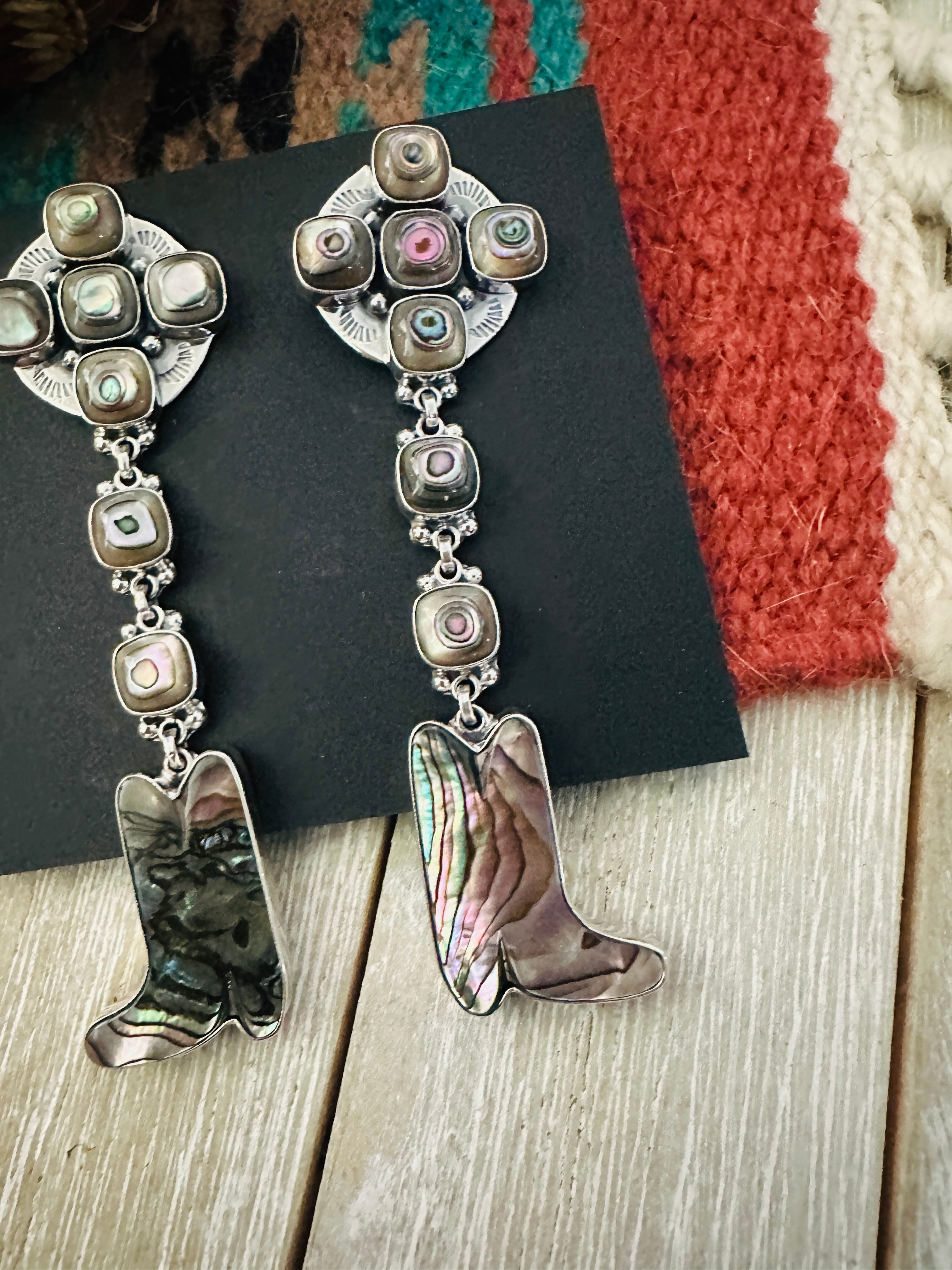 Handcrafted Abalone & Sterling Silver Cowboy Boot Dangle Earrings by Federico Jimenez