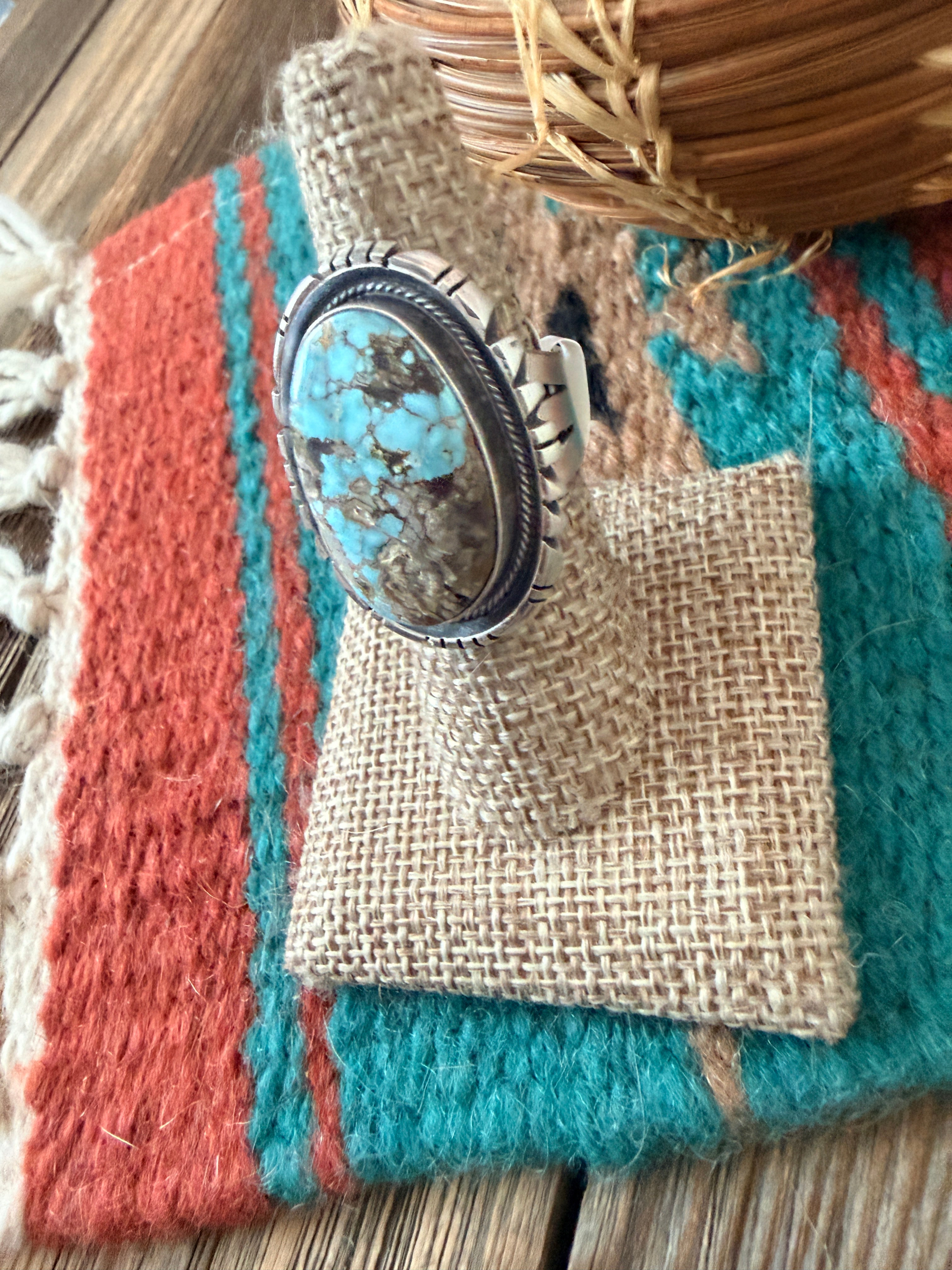 Handcrafted Dry Creek Turquoise & Sterling Silver Ring Size 8 by Daniel Benally