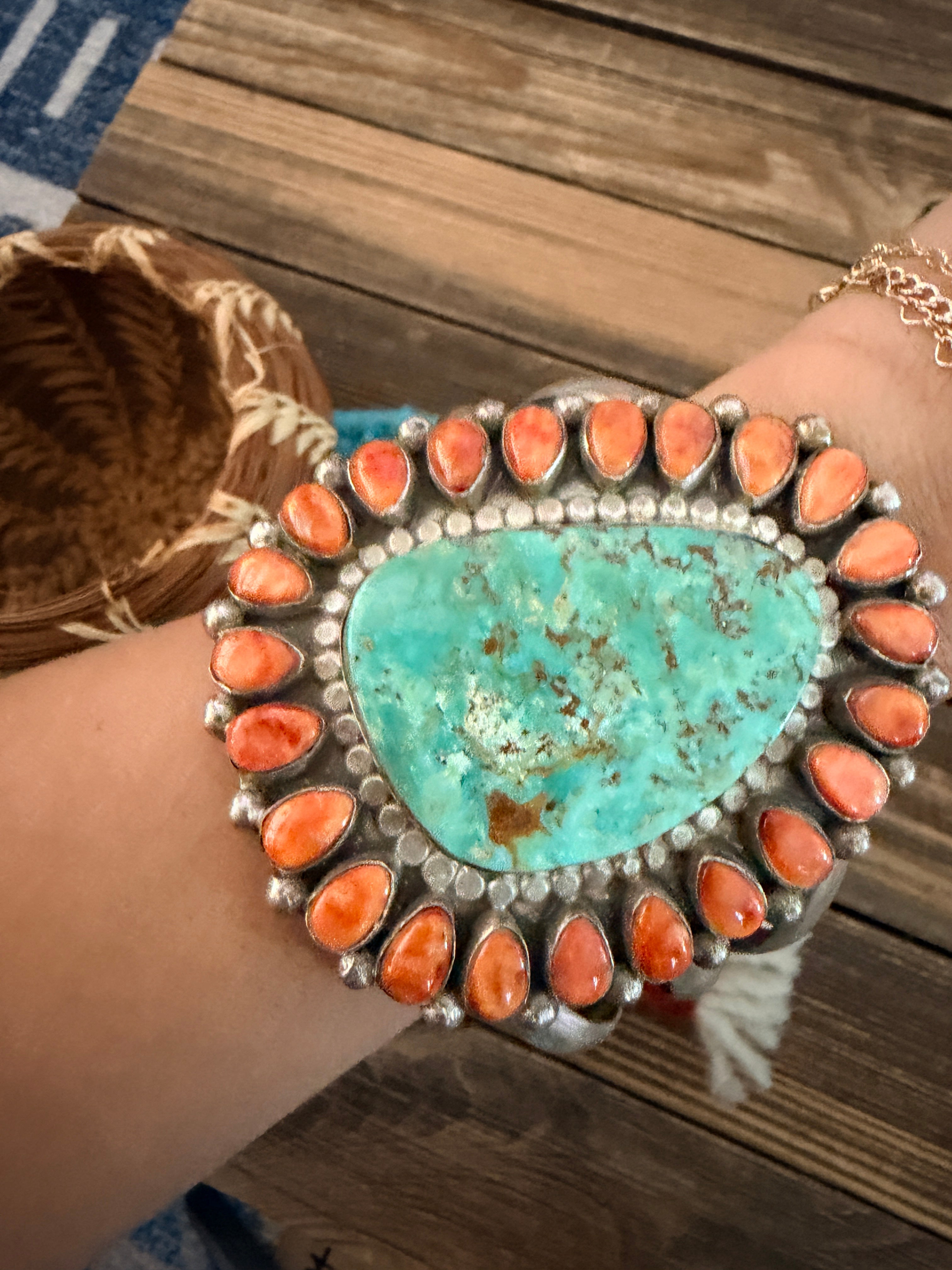 Handcrafted Spiny Oyster, Turquoise & Sterling Silver Cluster Cuff Bracelet