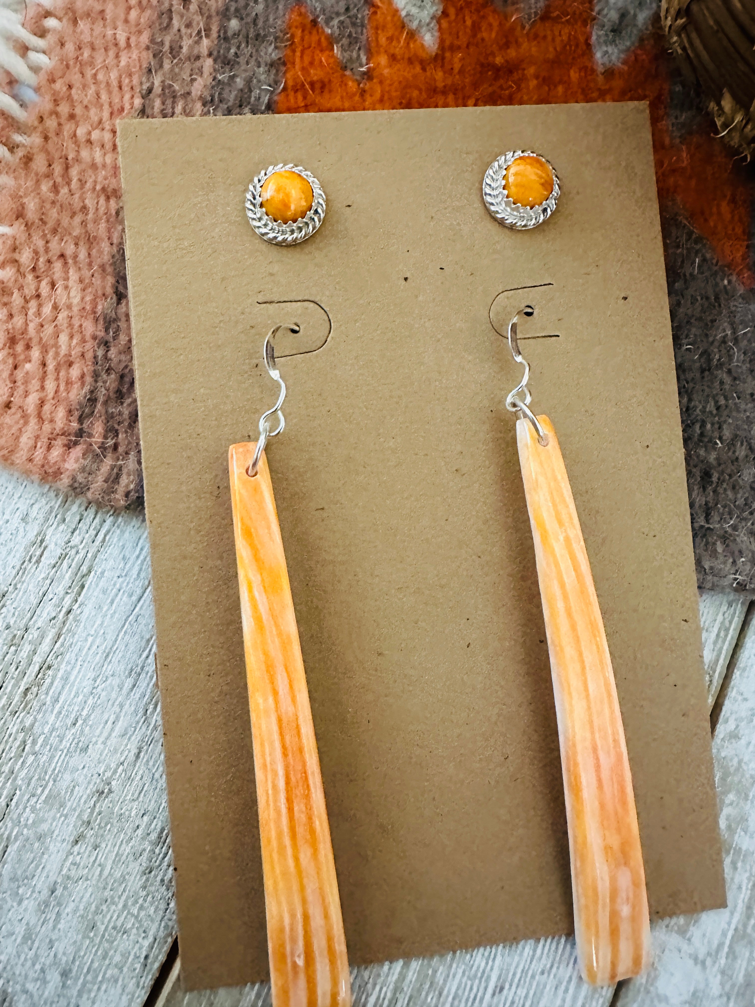 Handcrafted Orange Spiny Slab Dangle & Stud Earring Set