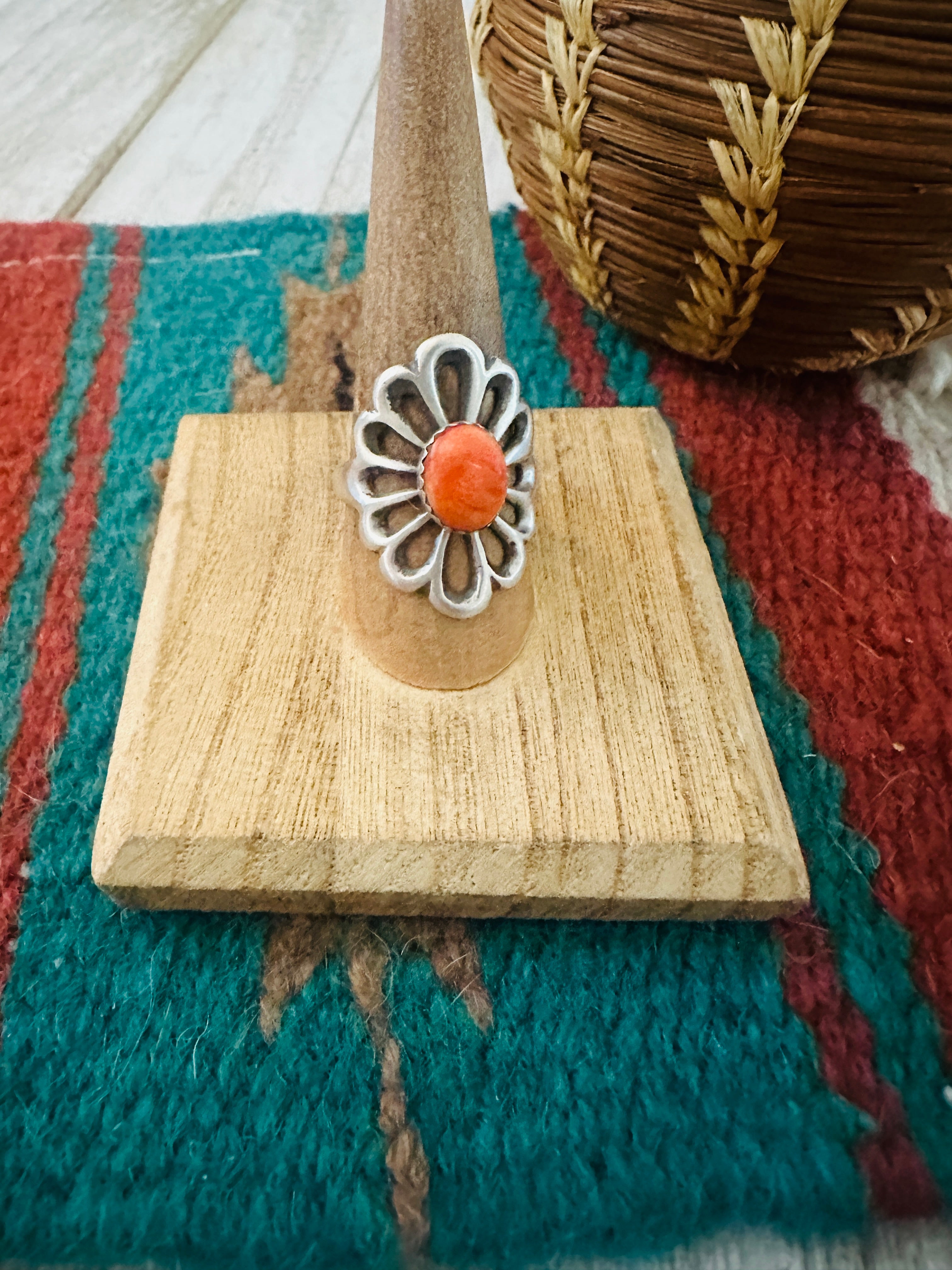 Handcrafted Sterling Silver & Orange Spiny Flower Ring