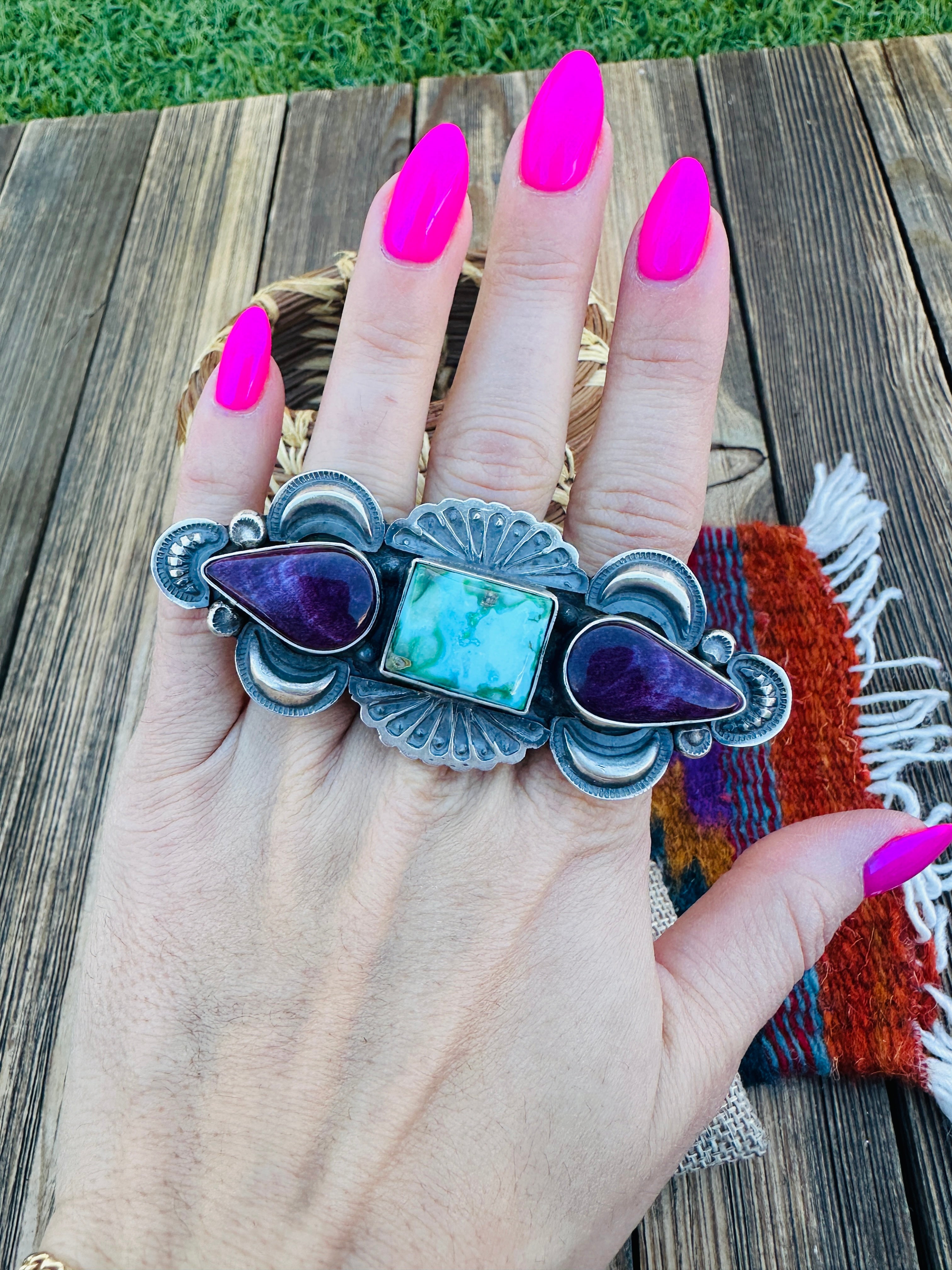 Handcrafted Turquoise, Spiny Oyster & Sterling Silver Adjustable Ring by Leon Martinez