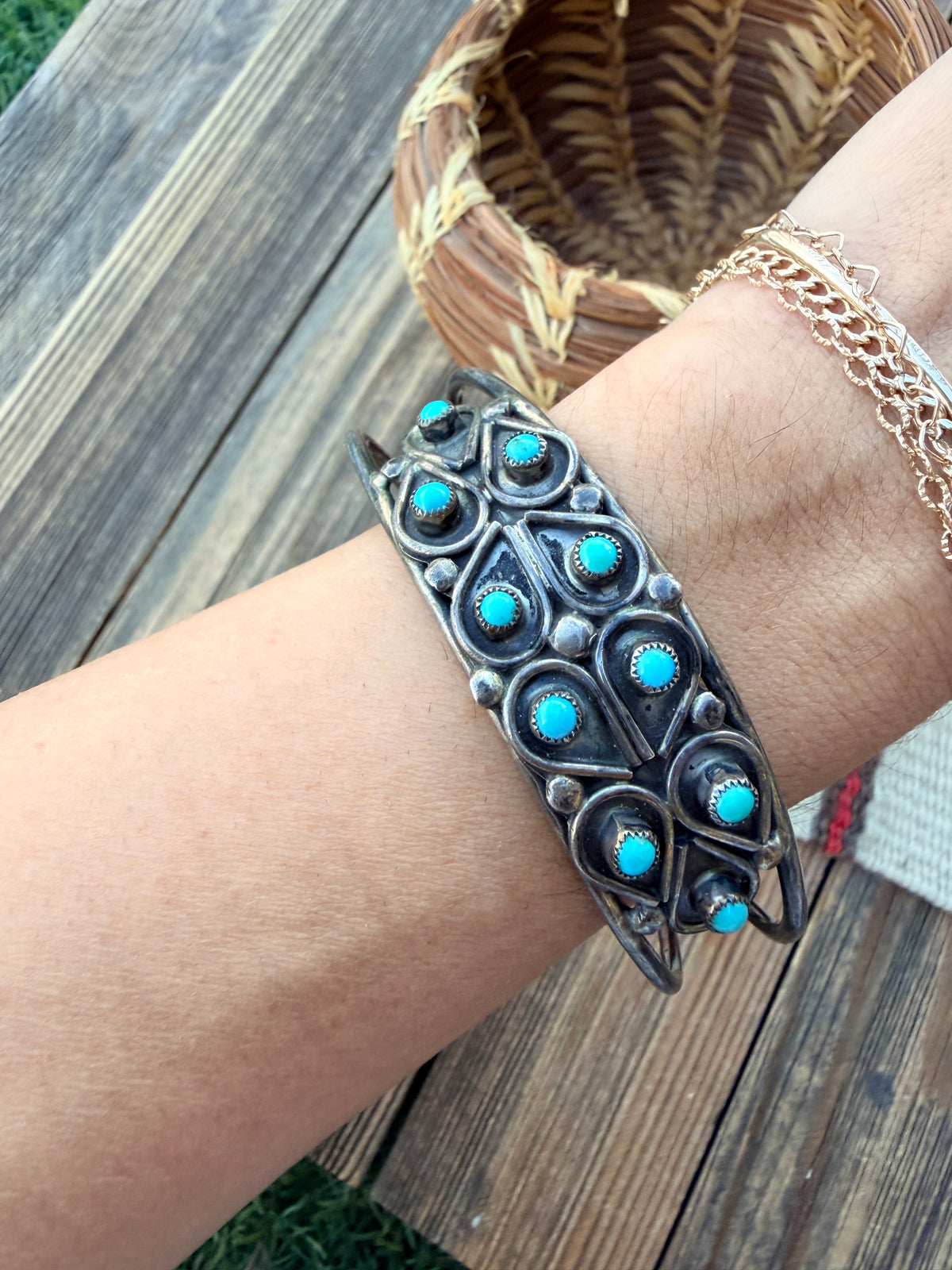 Handcrafted Old Pawn Sterling Silver & Turquoise Petit Point Cuff Bracelet
