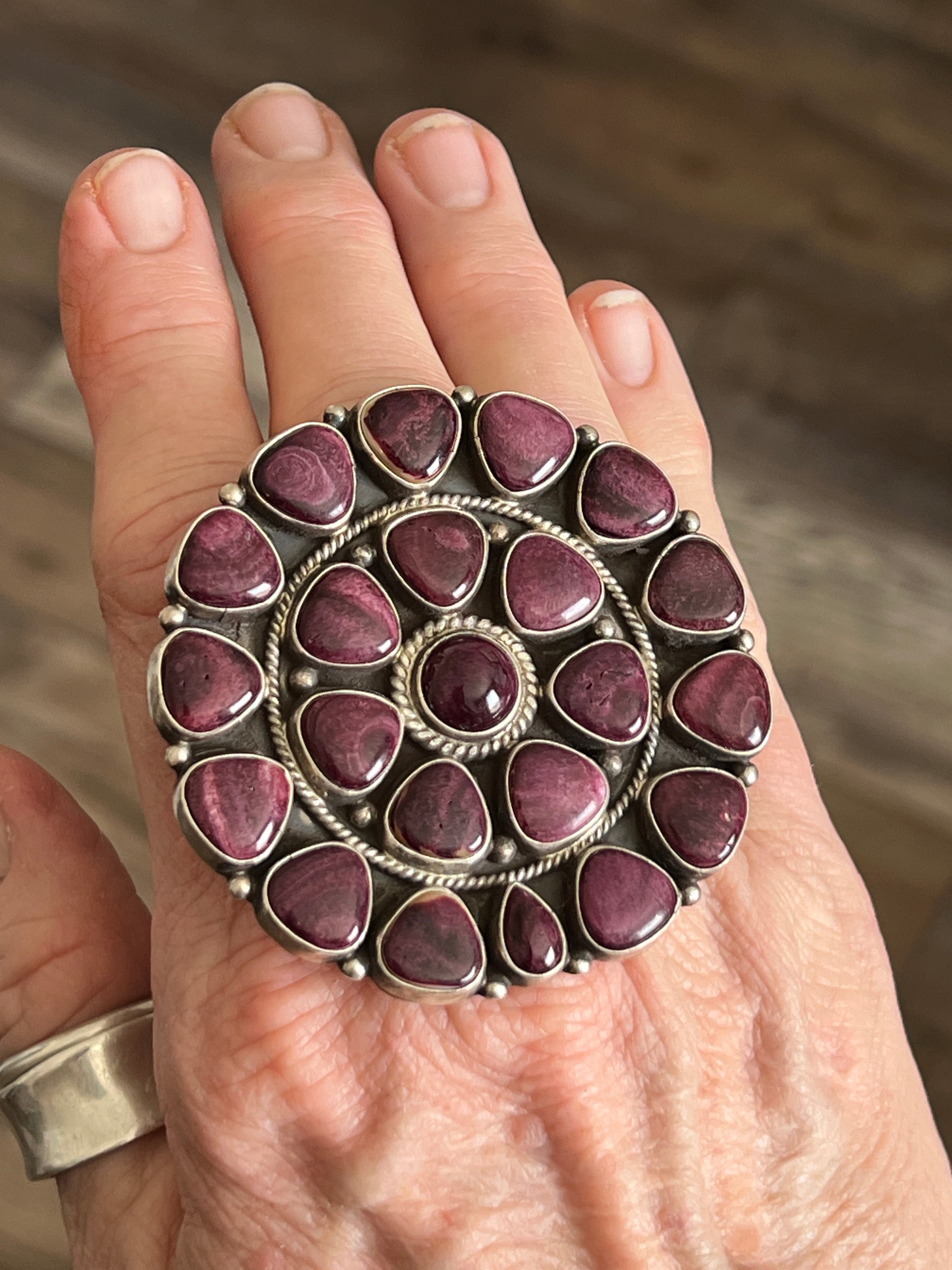 Handcrafted Sterling Silver and Purple Spiny Oyster Cluster Ring by Tyler Brown, Adjustable