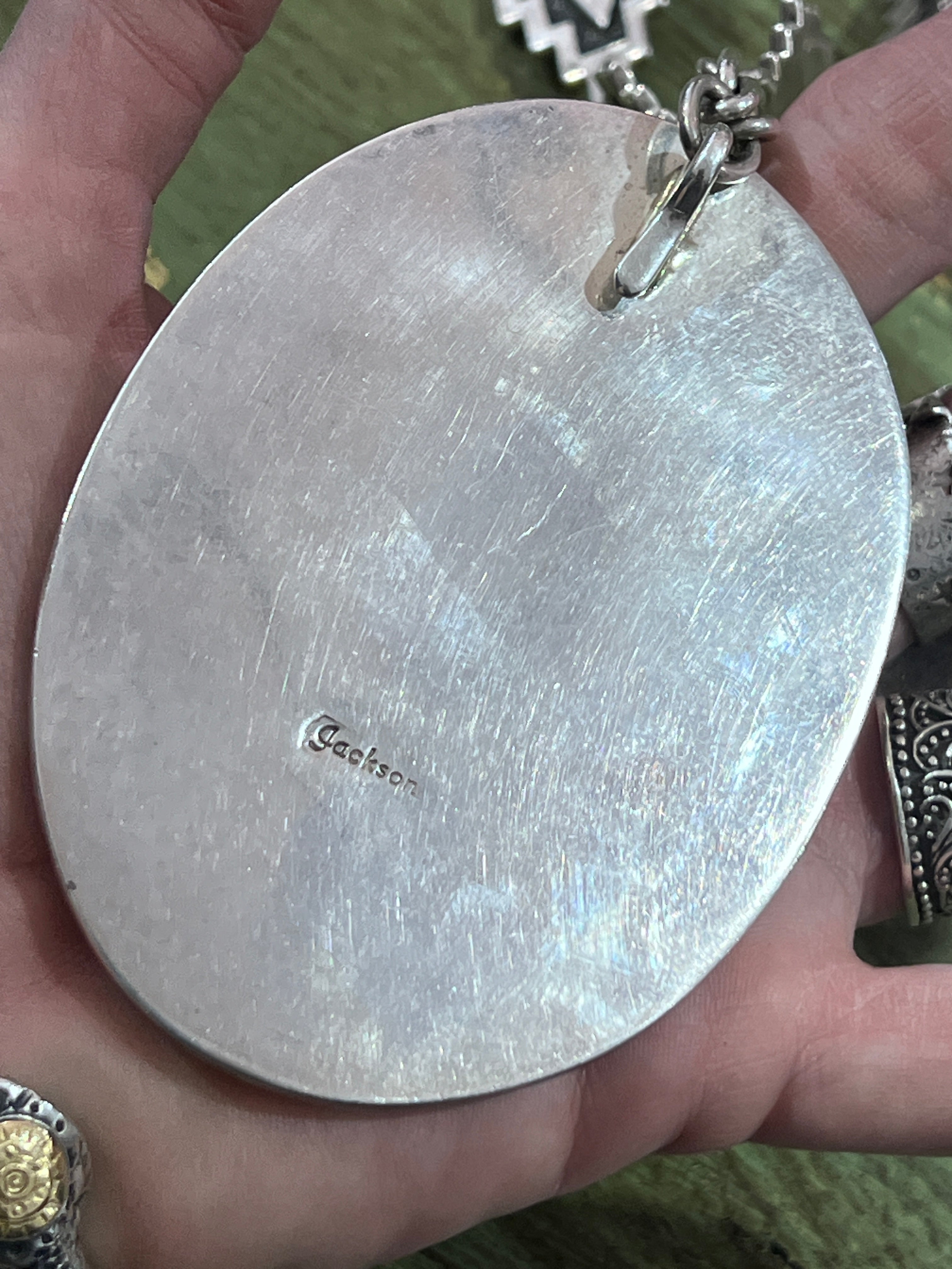 Vintage Handcrafted Sterling Silver and Royston Turquoise Kokopelli Necklace by Tommy Jackson