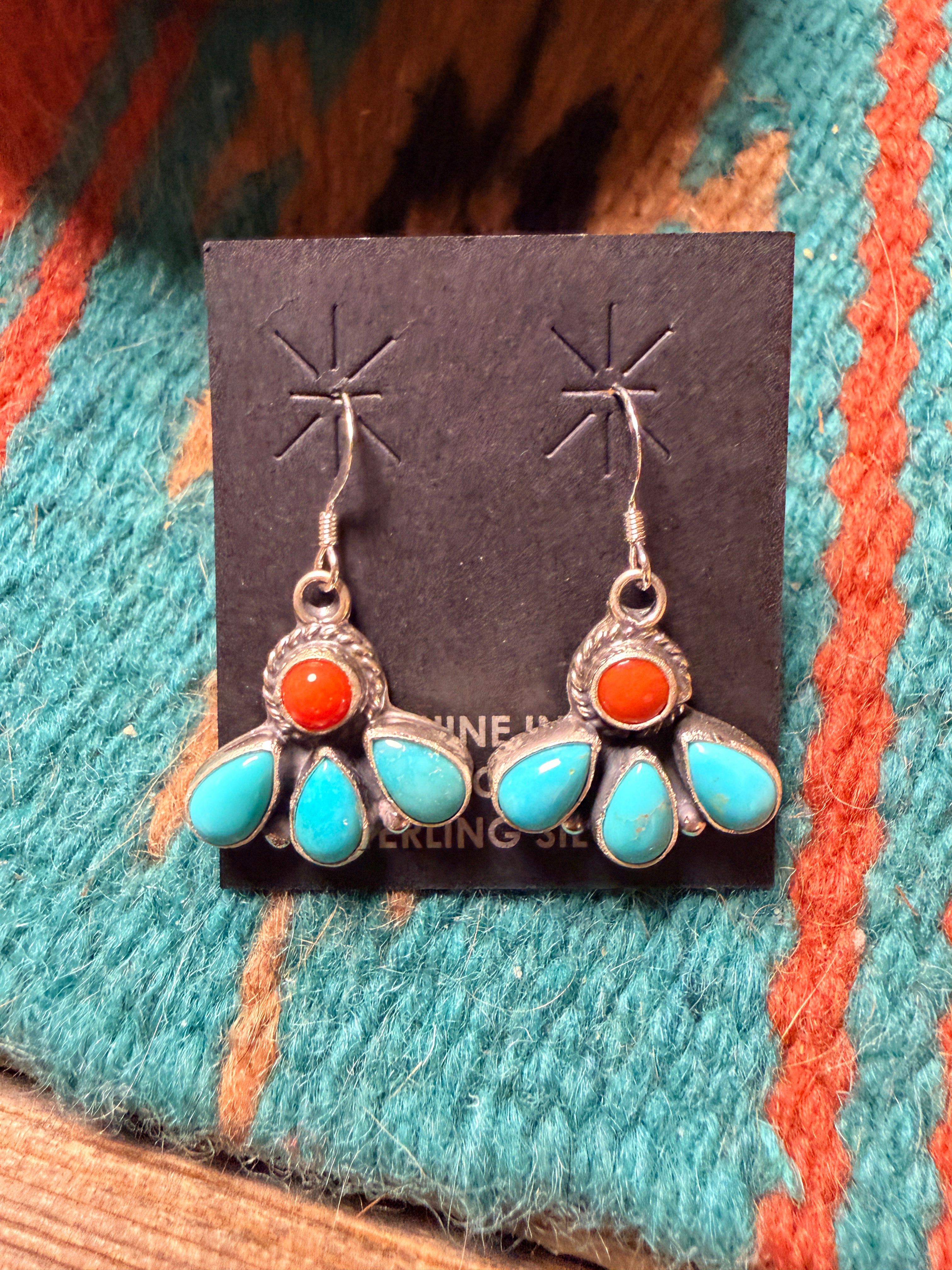 Handcrafted Turquoise, Coral & Sterling Silver Dangle Earrings