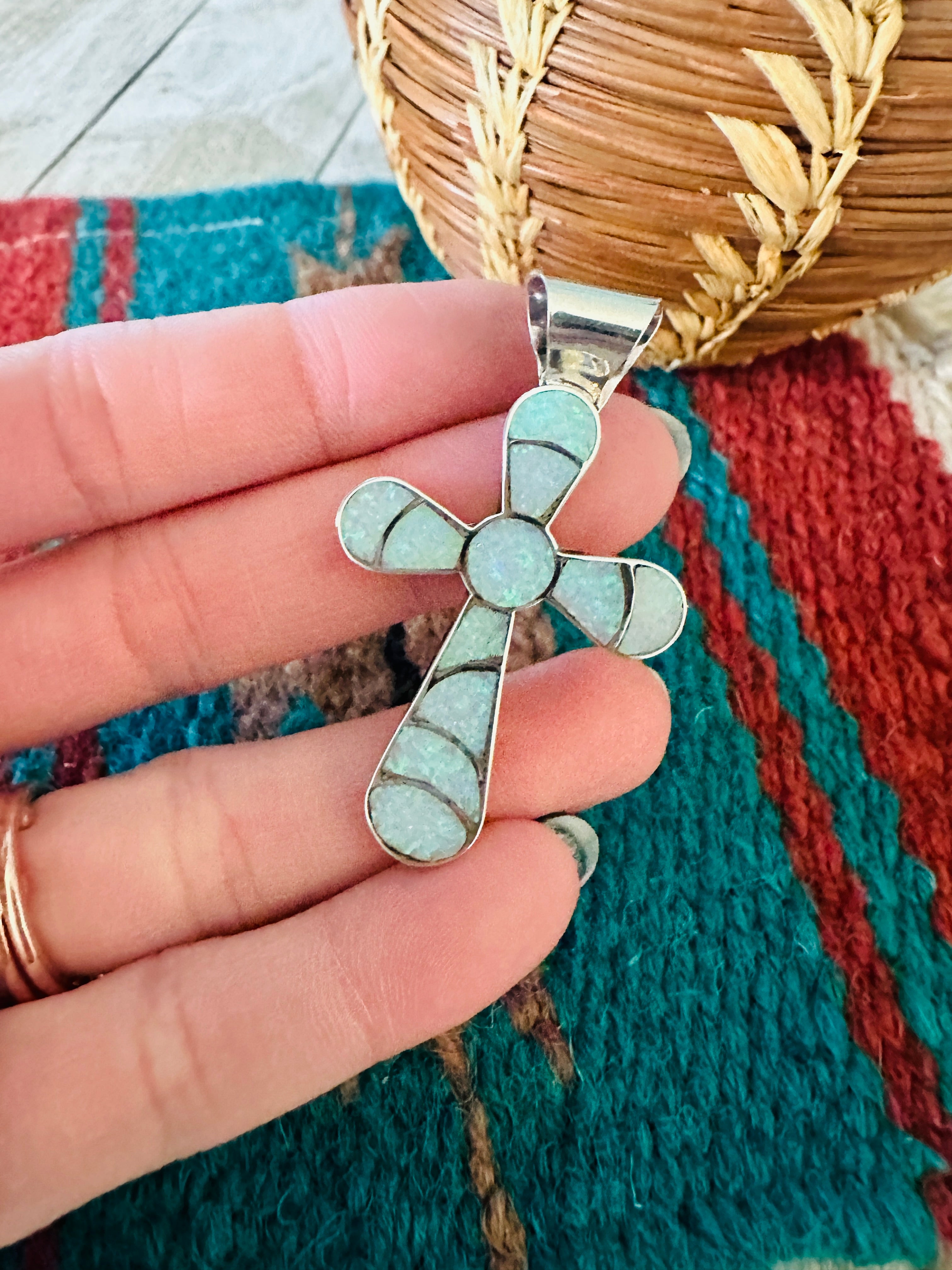 Handcrafted Sterling Silver & White Opal Inlay Cross Pendant Signed