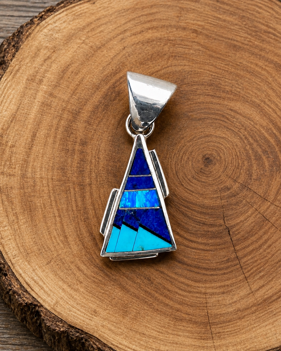 Handcrafted Lapis Turquoise Blue Opal Triangle Pendant 1.5”