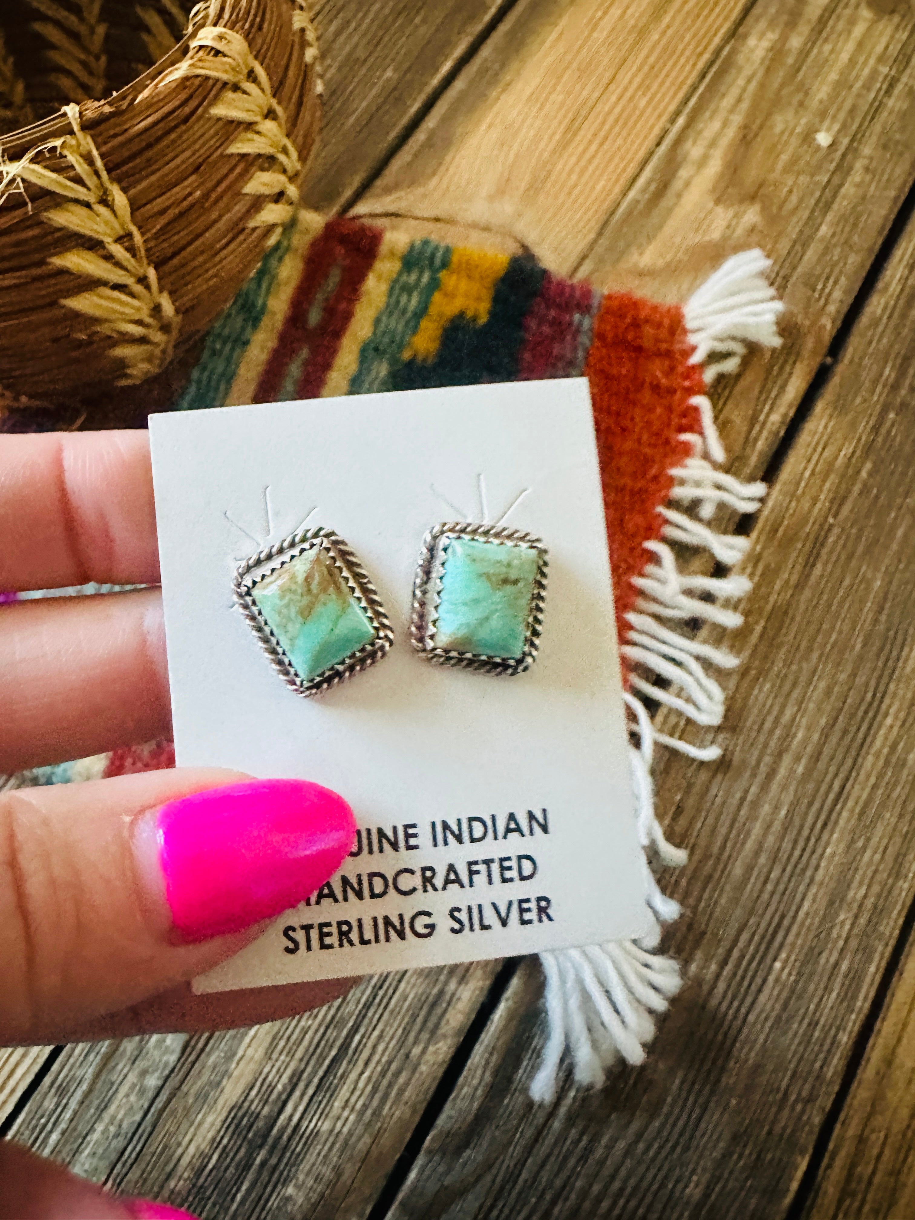 Handcrafted Turquoise & Sterling Silver Rectangle Stud Earrings