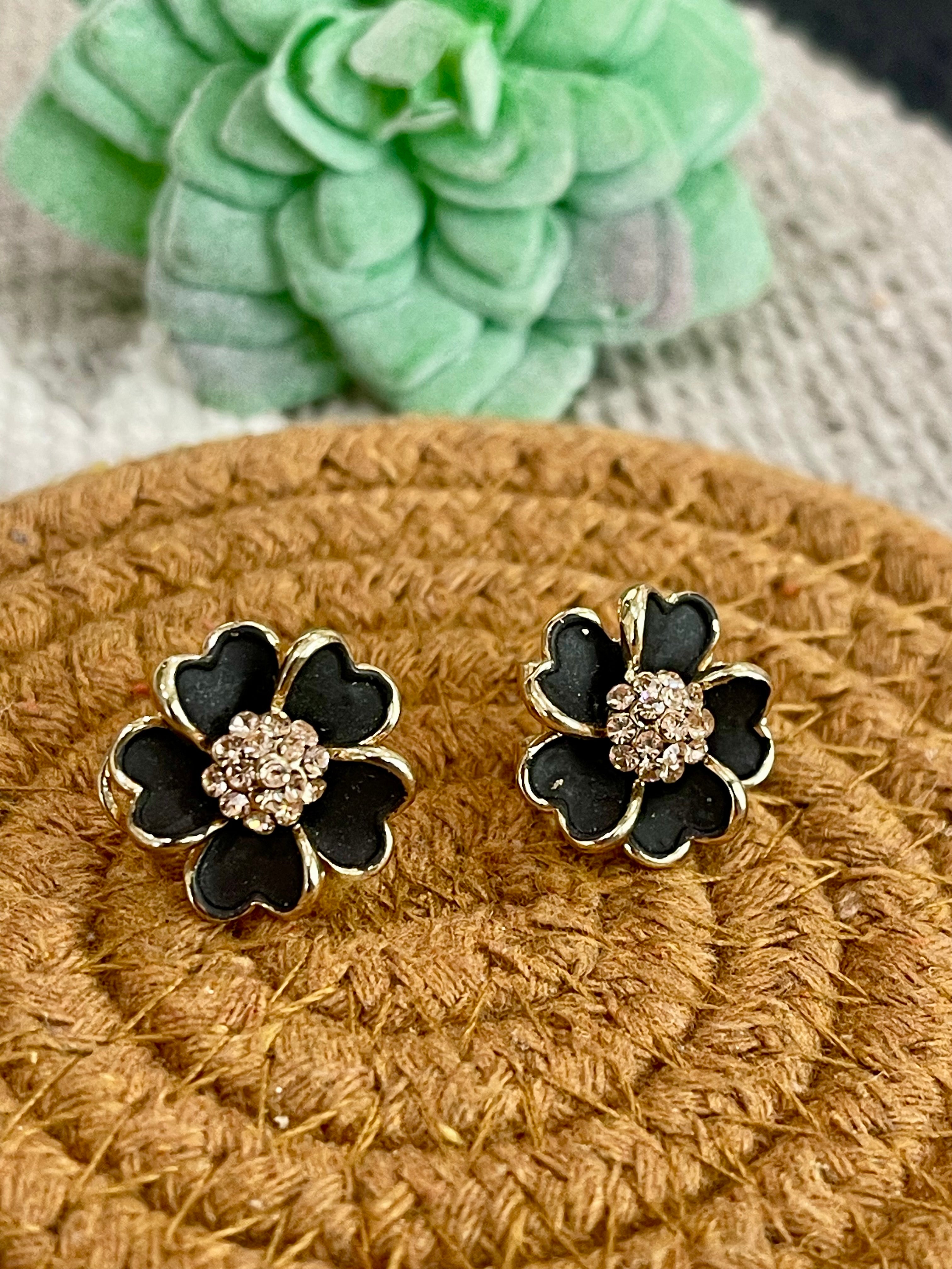 Vintage Gold Plated Stud Black Flower Earrings