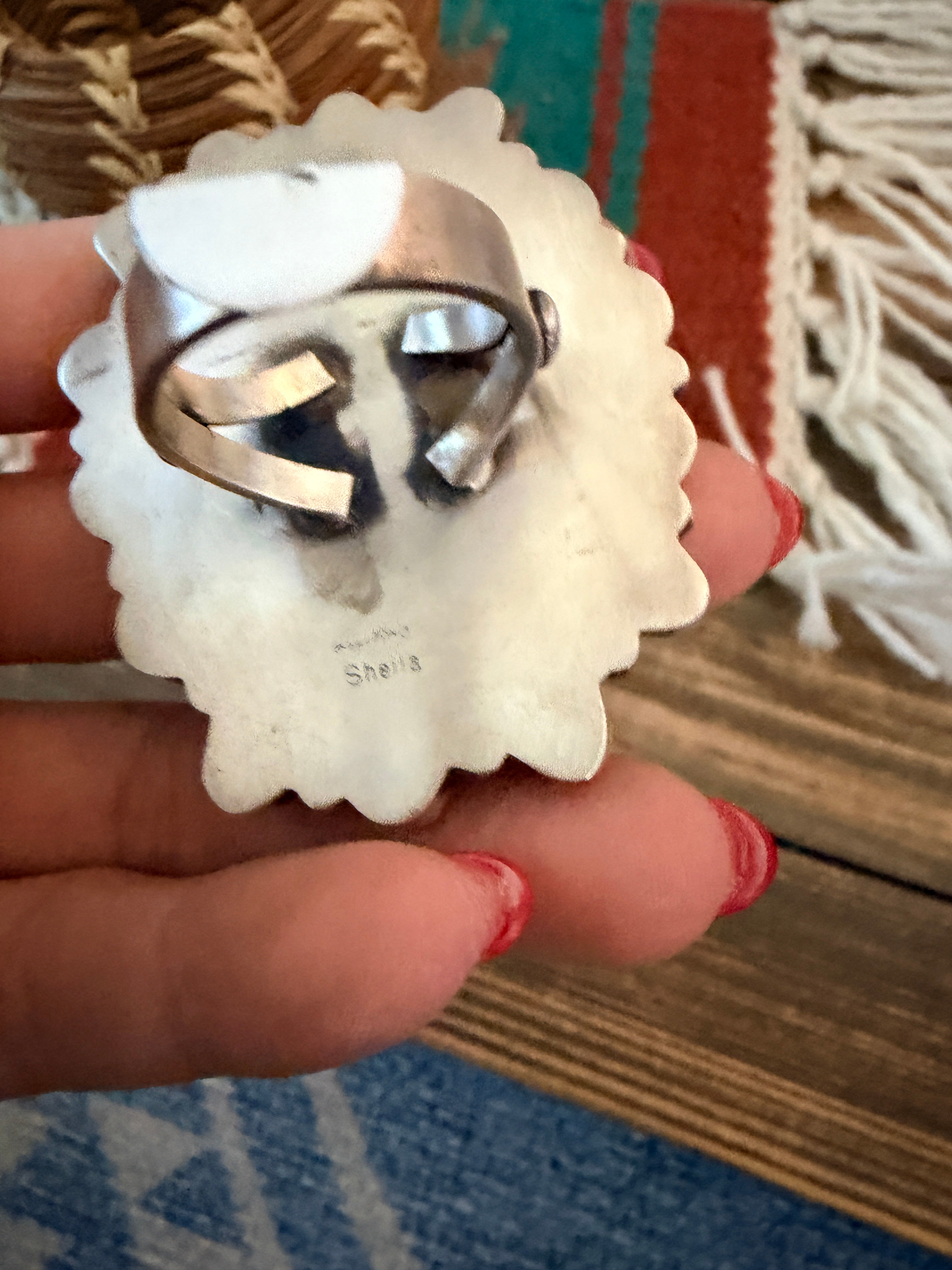 Handcrafted Spiny Oyster, Turquoise & Sterling Silver Cluster Ring by Sheila Becenti Size 11