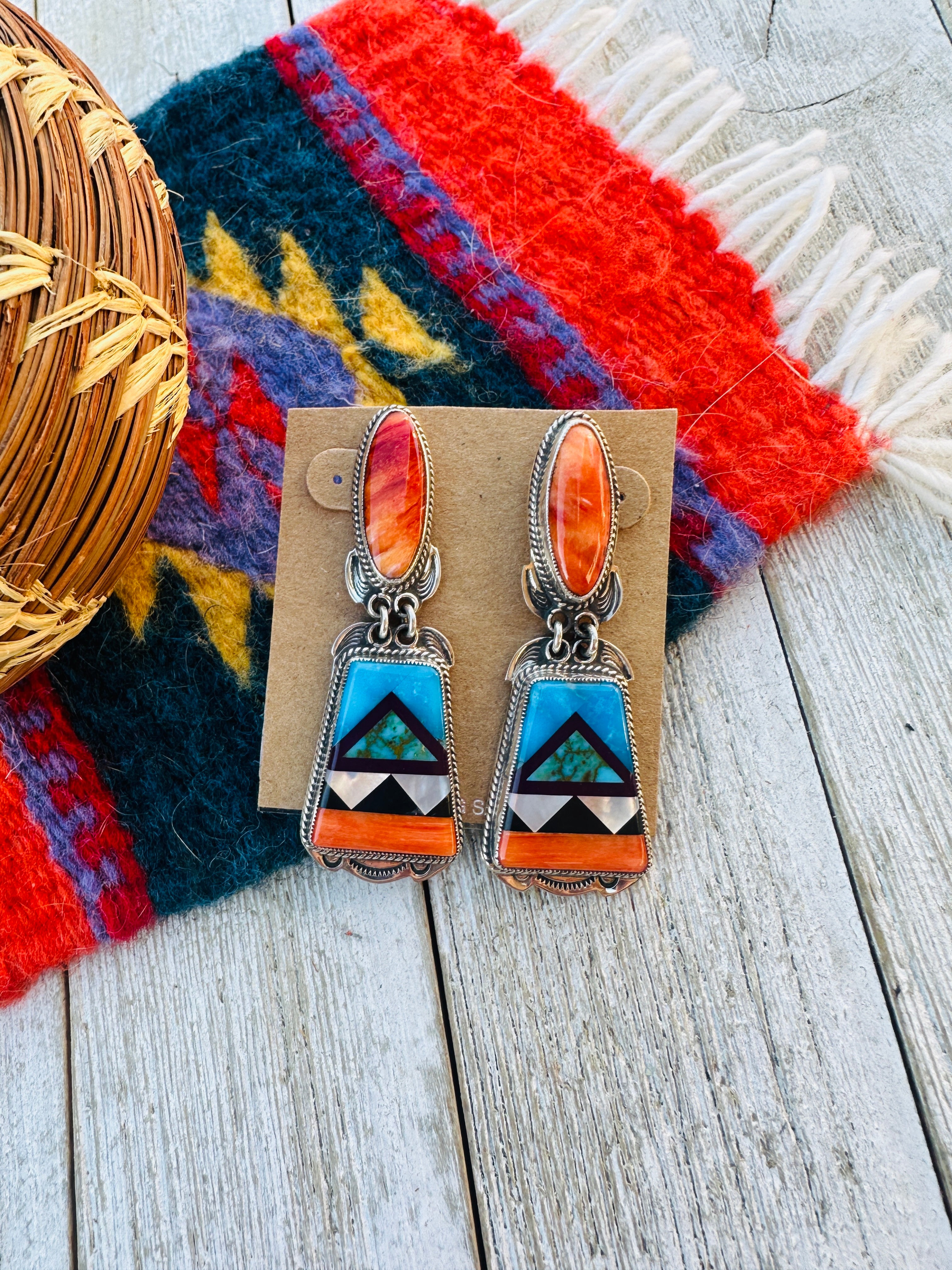 Aldrich Art Jewelry Multi Stone And Sterling Silver Inlay Dangle Earrings