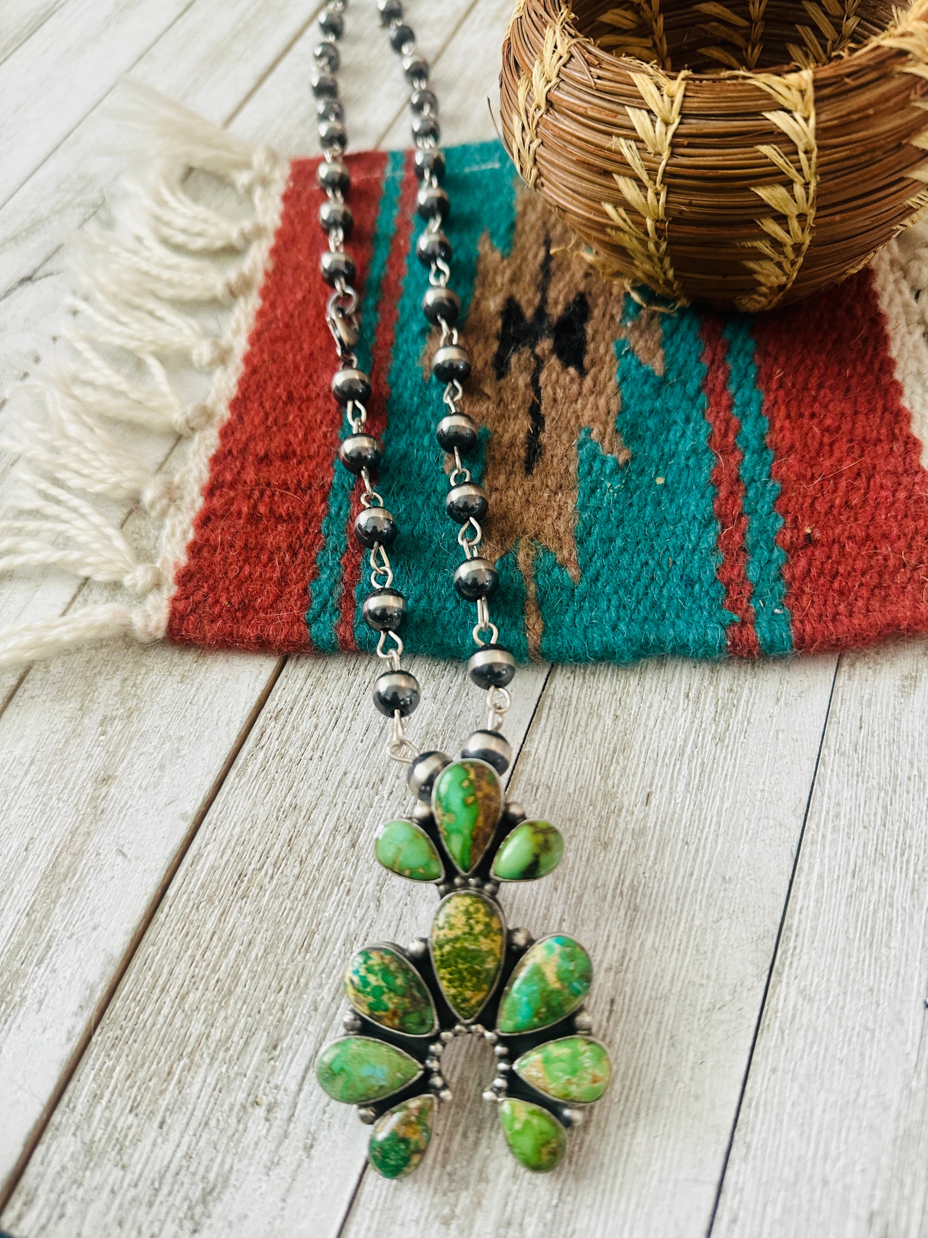 Handcrafted Sterling Silver & Sonoran Gold Turquoise Beaded Naja Necklace Signed