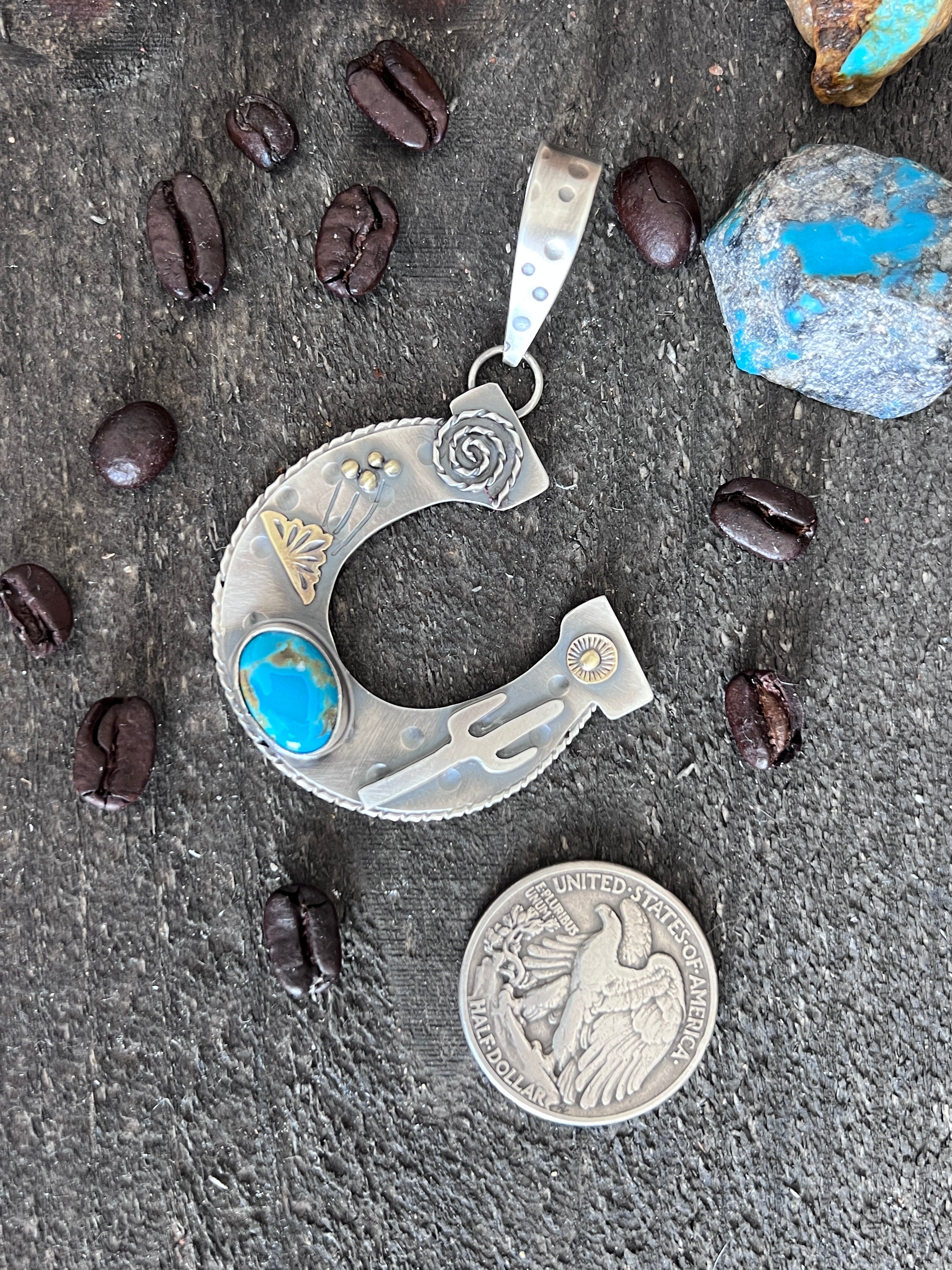 Kimari Somers Hand Stamped Sterling Silver Sonoran Desert Horseshoe Pendant with Brass & Royston Turquoise