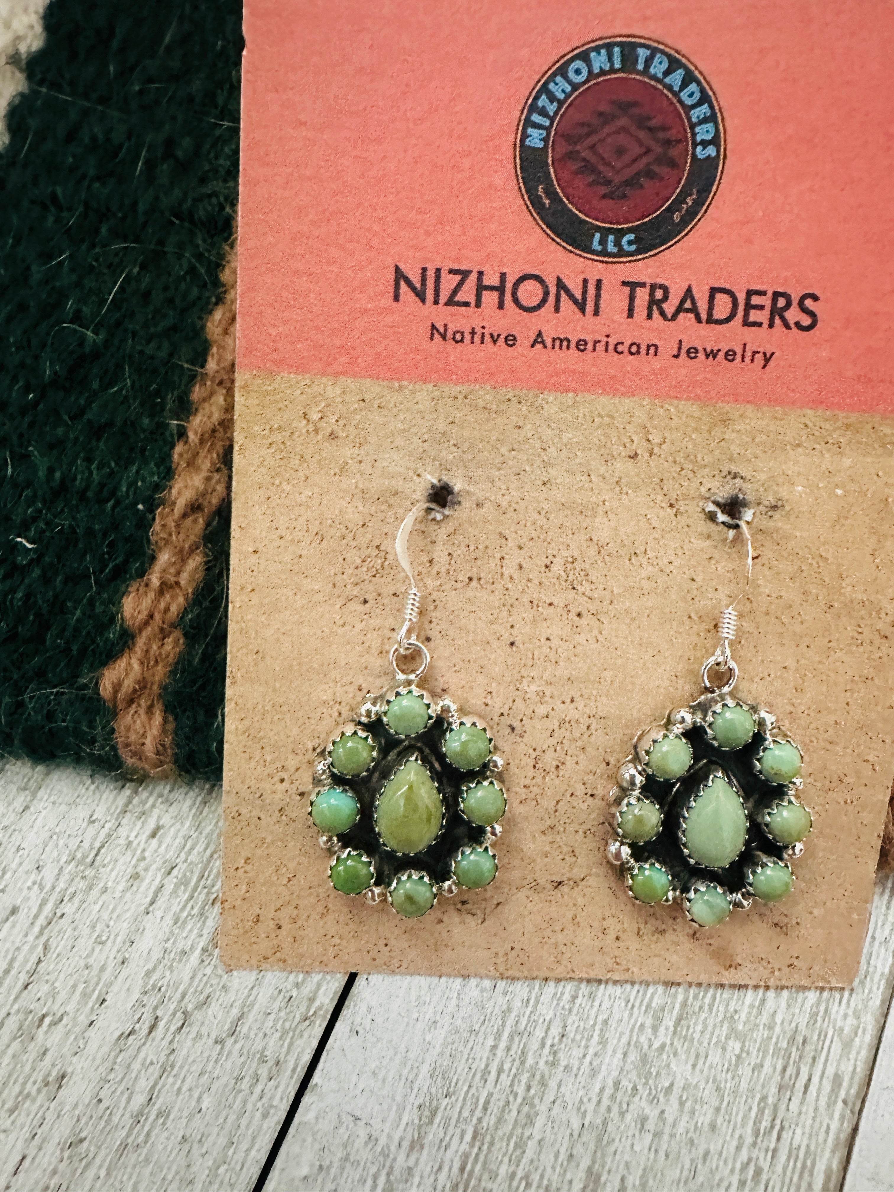 Handcrafted Sterling Silver & Green Turquoise Cluster Dangle Earrings
