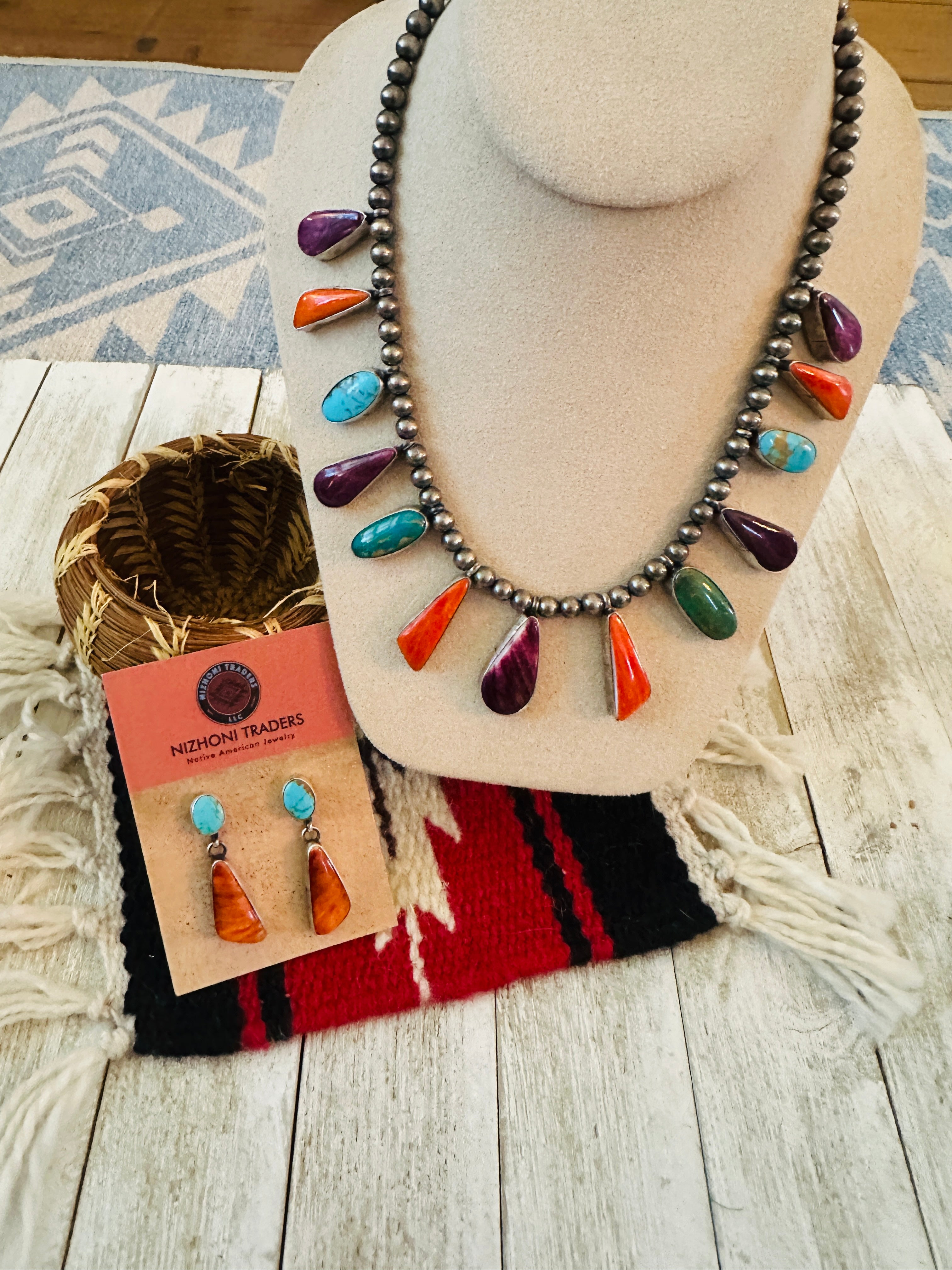 Handcrafted Spiny Oyster, Turquoise & Sterling Silver Necklace Set
