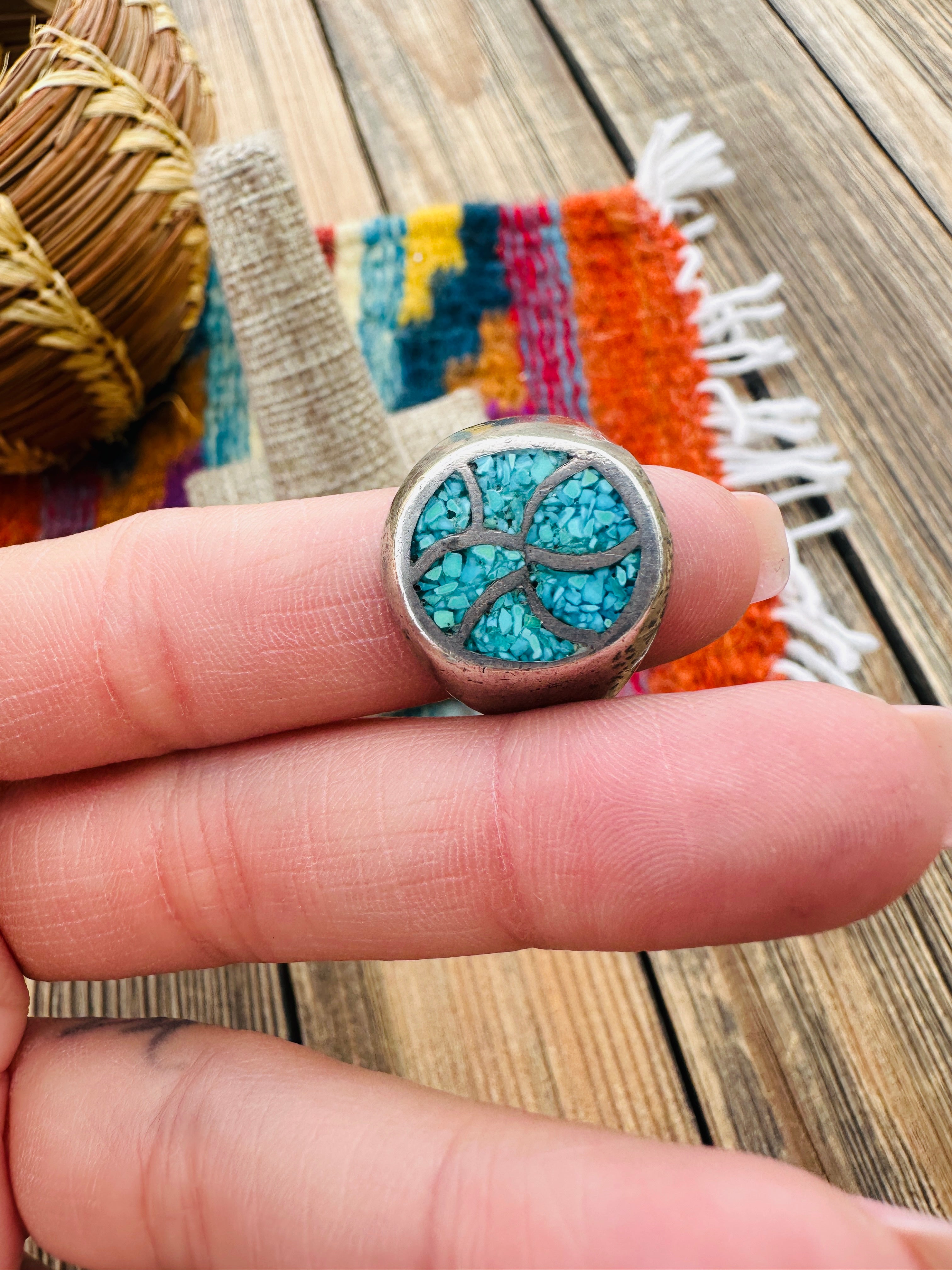 Old Pawn Handcrafted Turquoise & Sterling Silver Inlay Ring Size 8.5