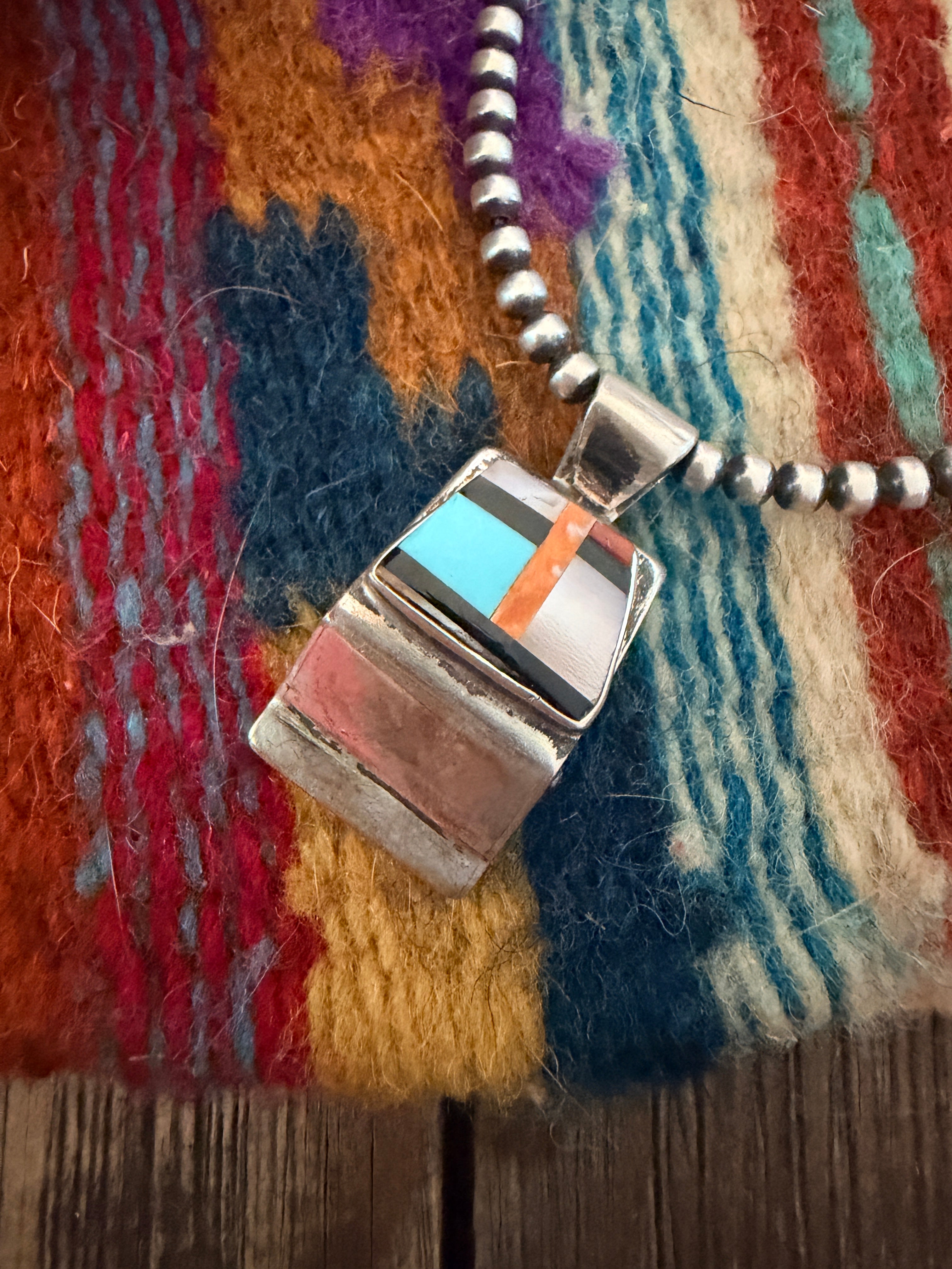 Old Pawn Handcrafted Multi Stone & Sterling Silver Inlay Pendant