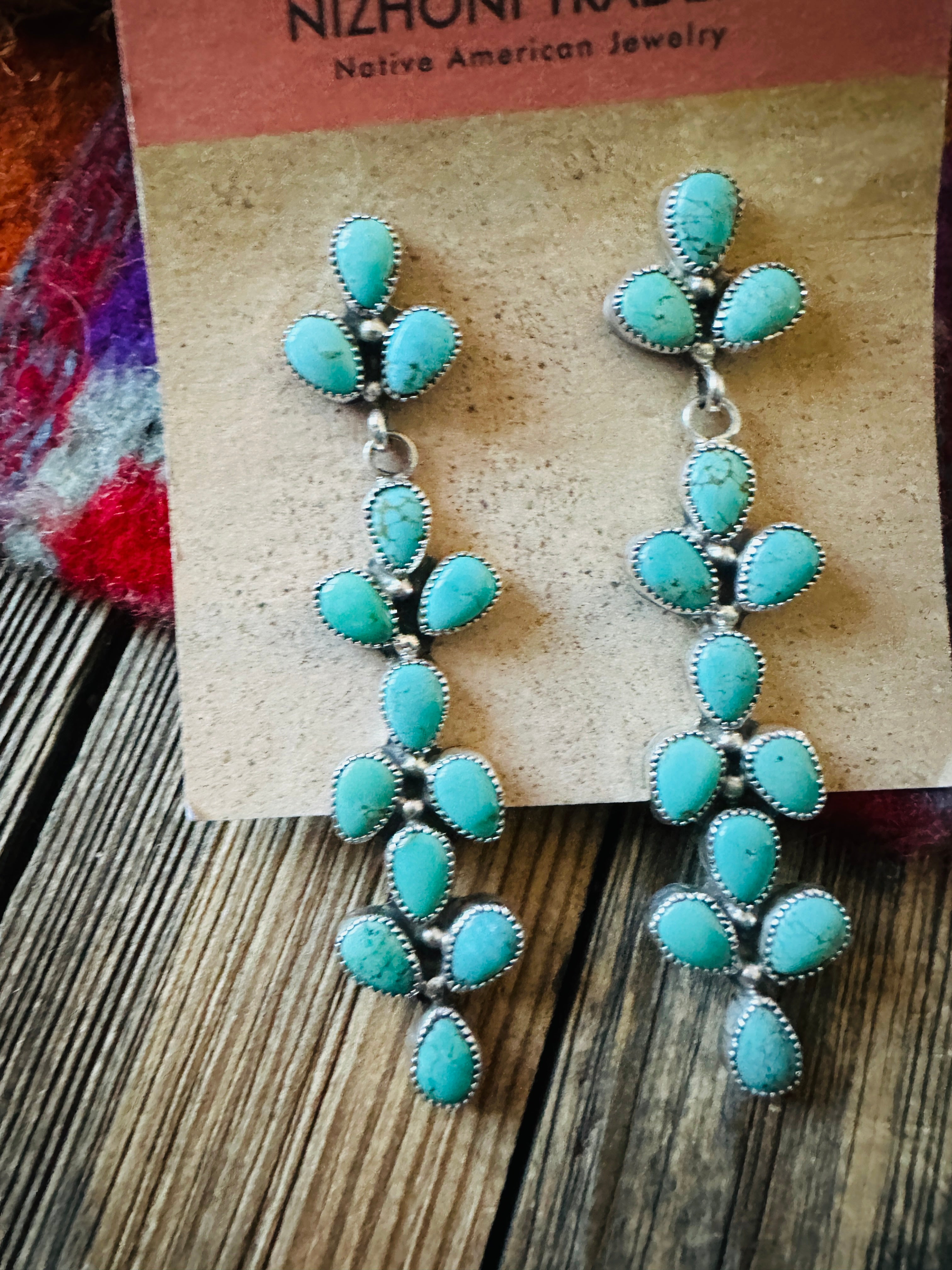 Handcrafted Turquoise & Sterling Silver Cluster Dangle Earrings