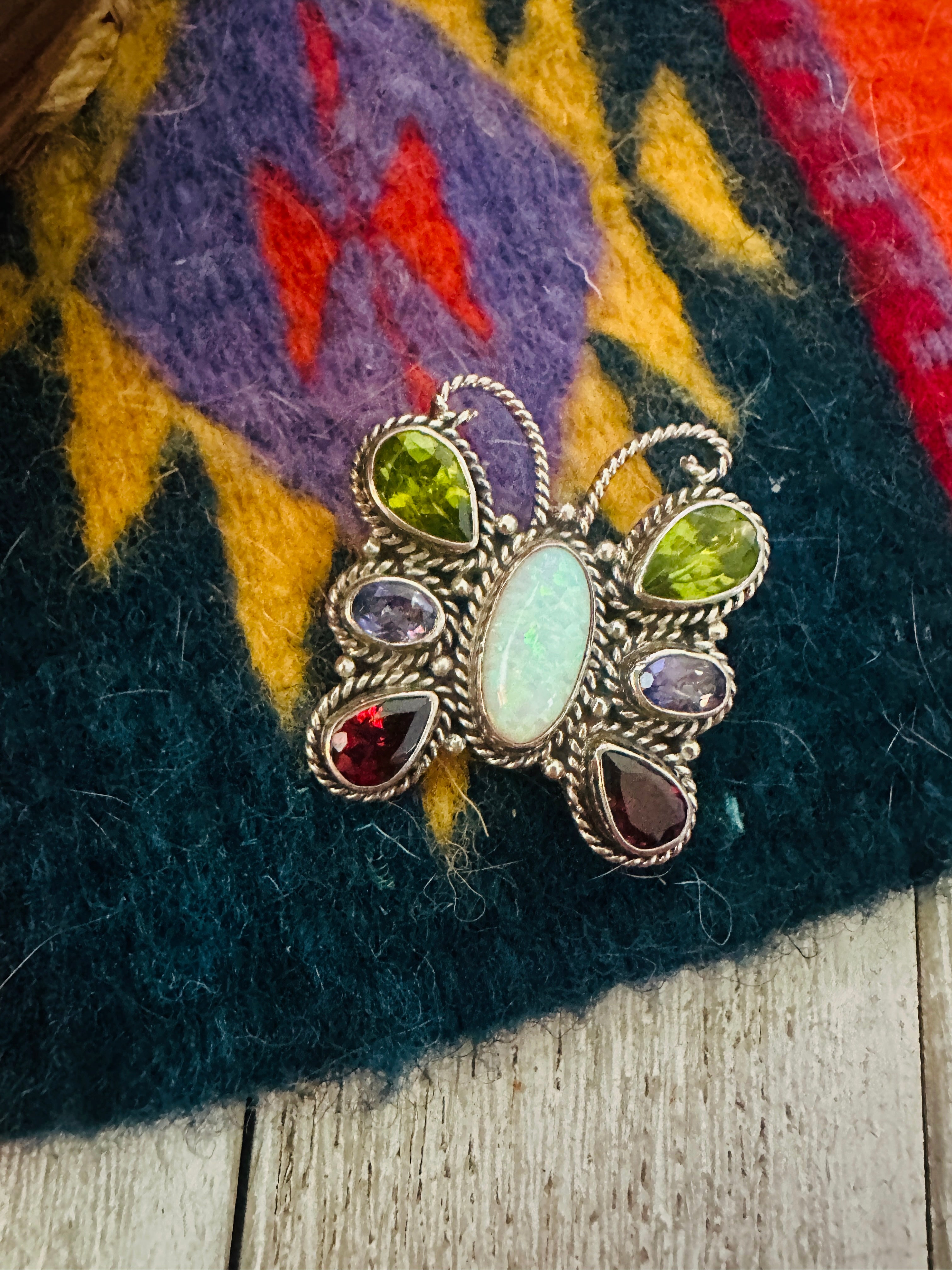 Handcrafted Multi Stone & Sterling Silver Butterfly Brooch