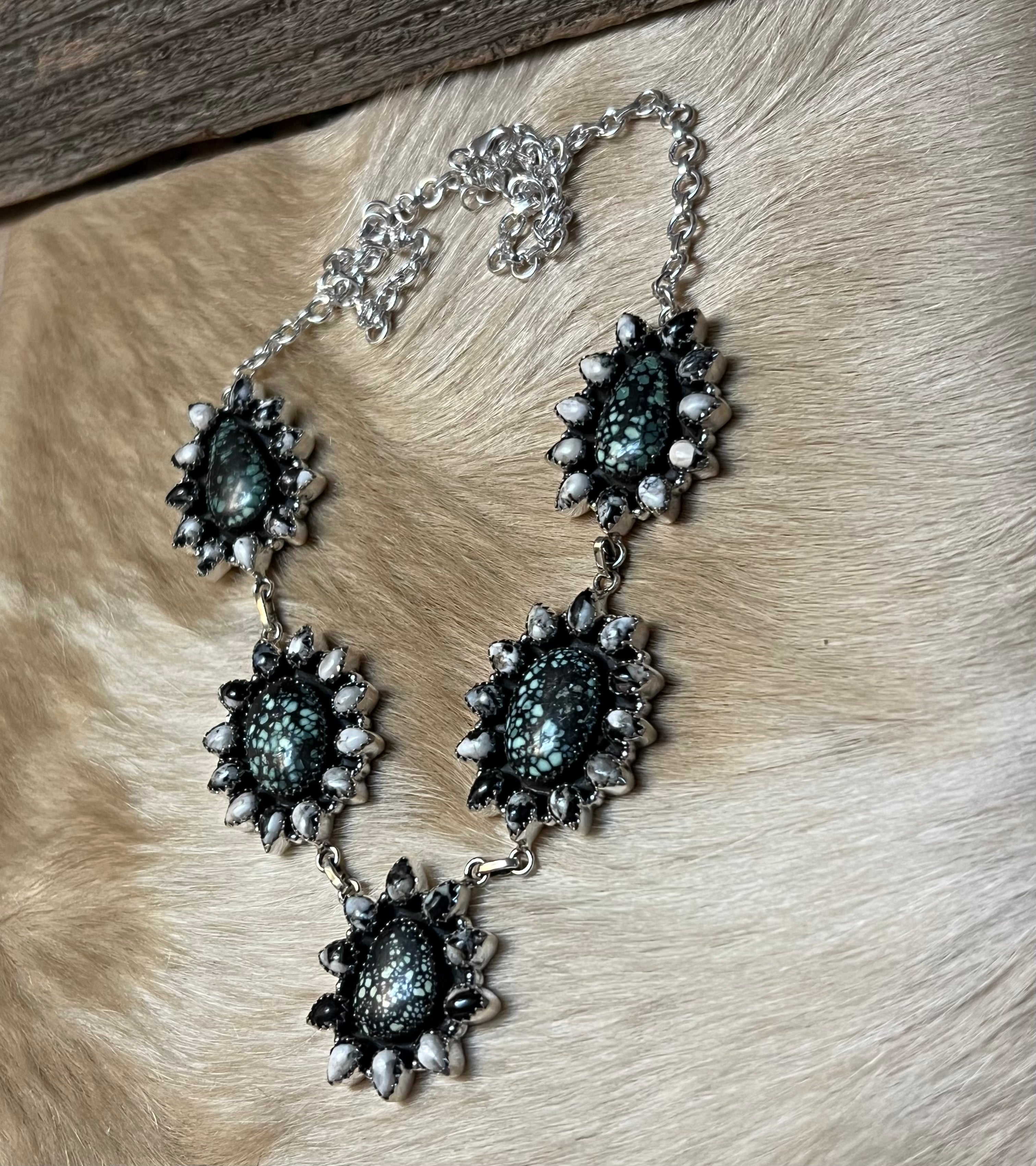 Handmade Newlander Turquoise & White Buffalo Sterling Silver Drop Necklace