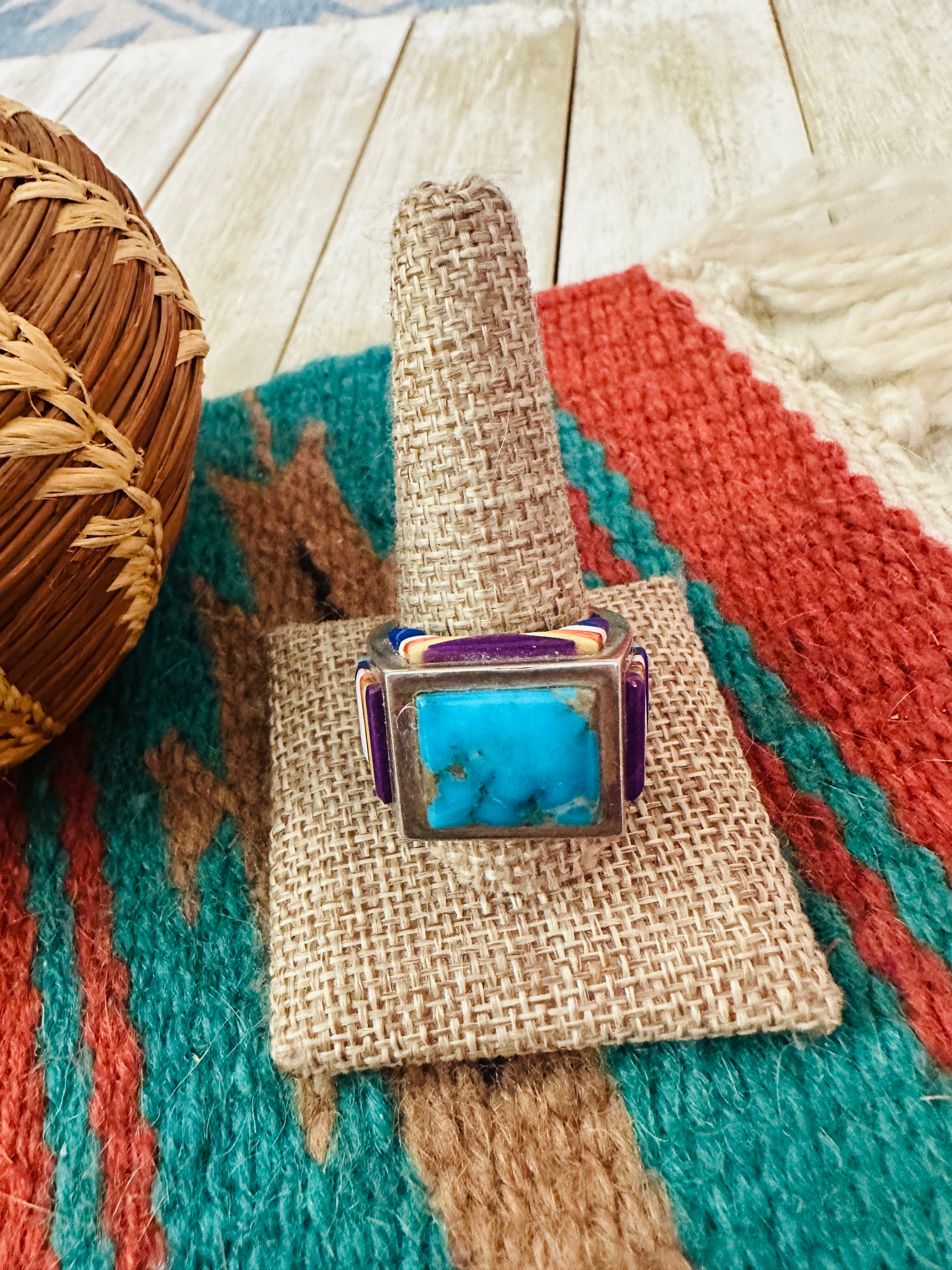 Old Pawn Handcrafted Multi Stone & Sterling Silver Inlay Ring Size 10.75