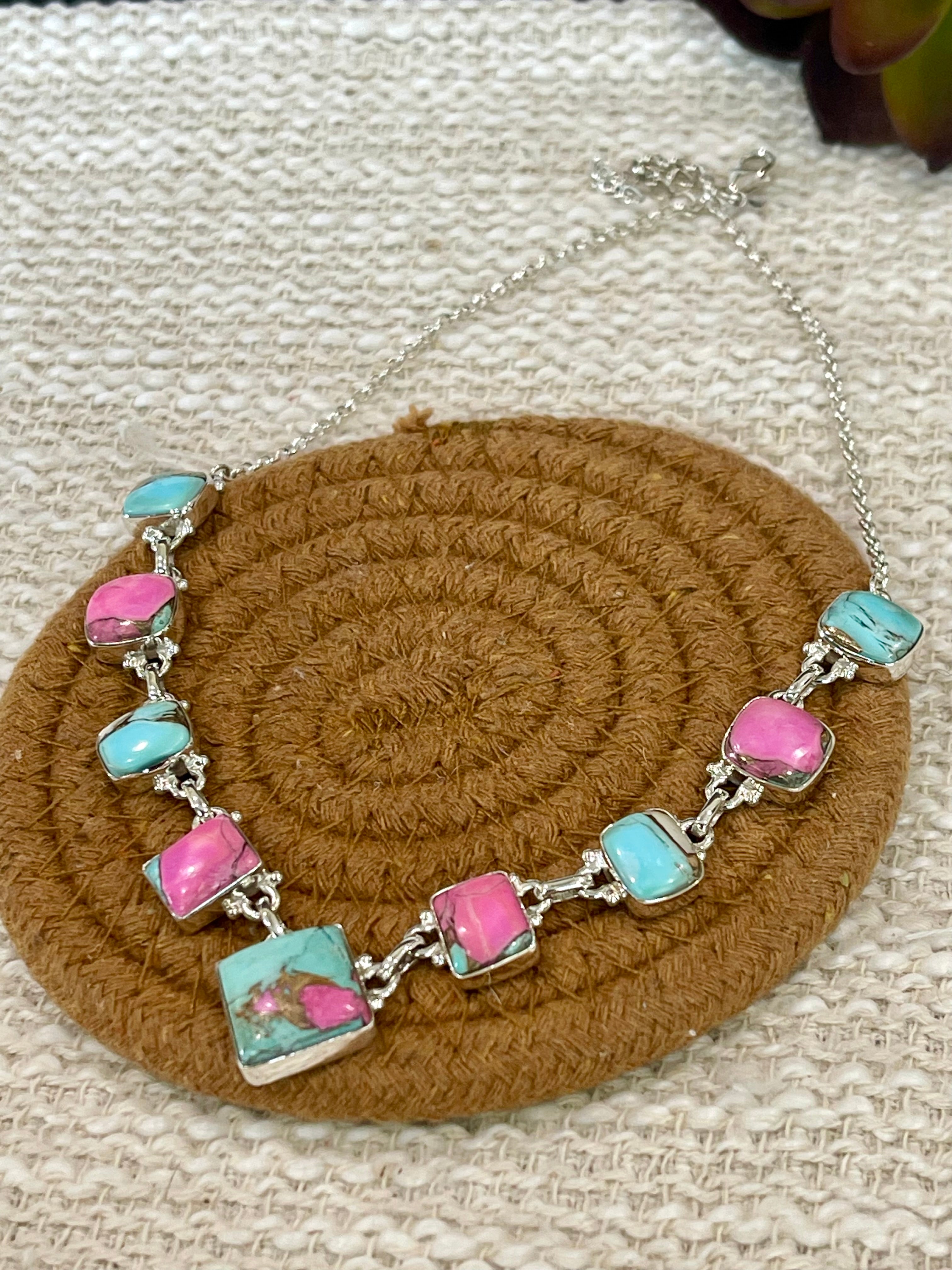 Handmade Sterling Silver Cotton Candy Turquoise Necklace with Signed Nizhoni