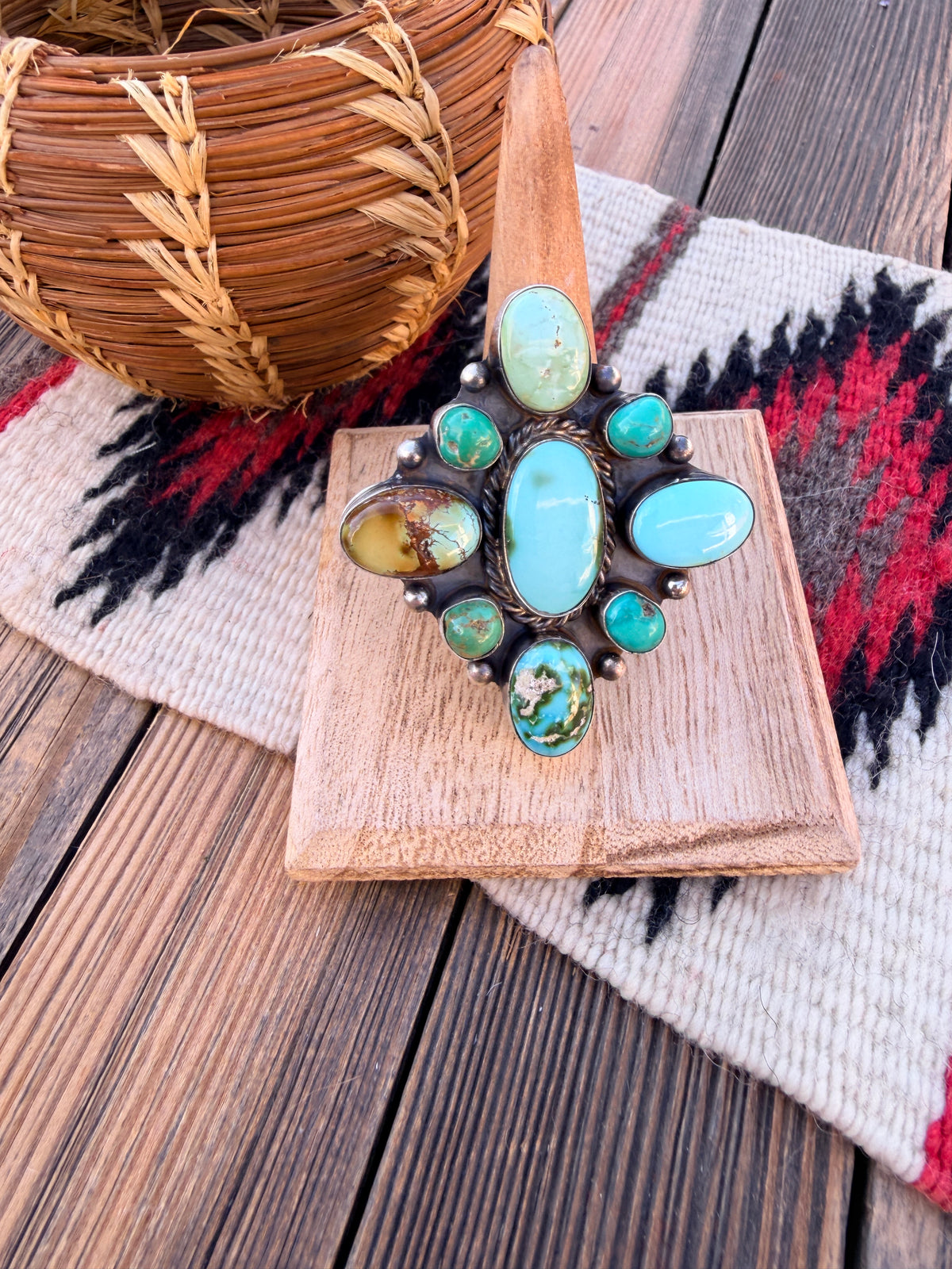 Handcrafted Turquoise & Sterling Silver Cluster Adjustable Ring