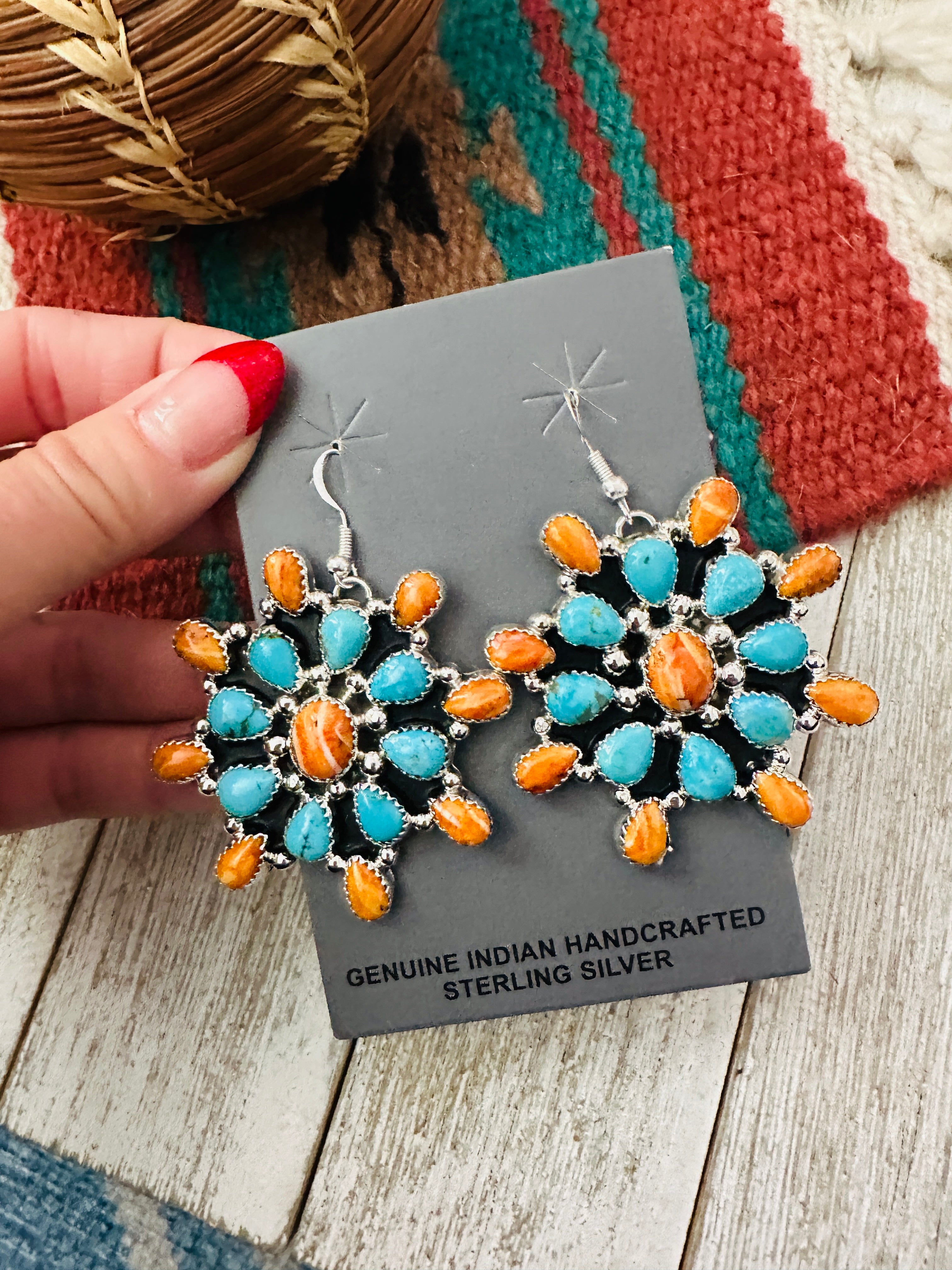 Handcrafted Turquoise, Spiny & Sterling Silver Cluster Dangle Earrings