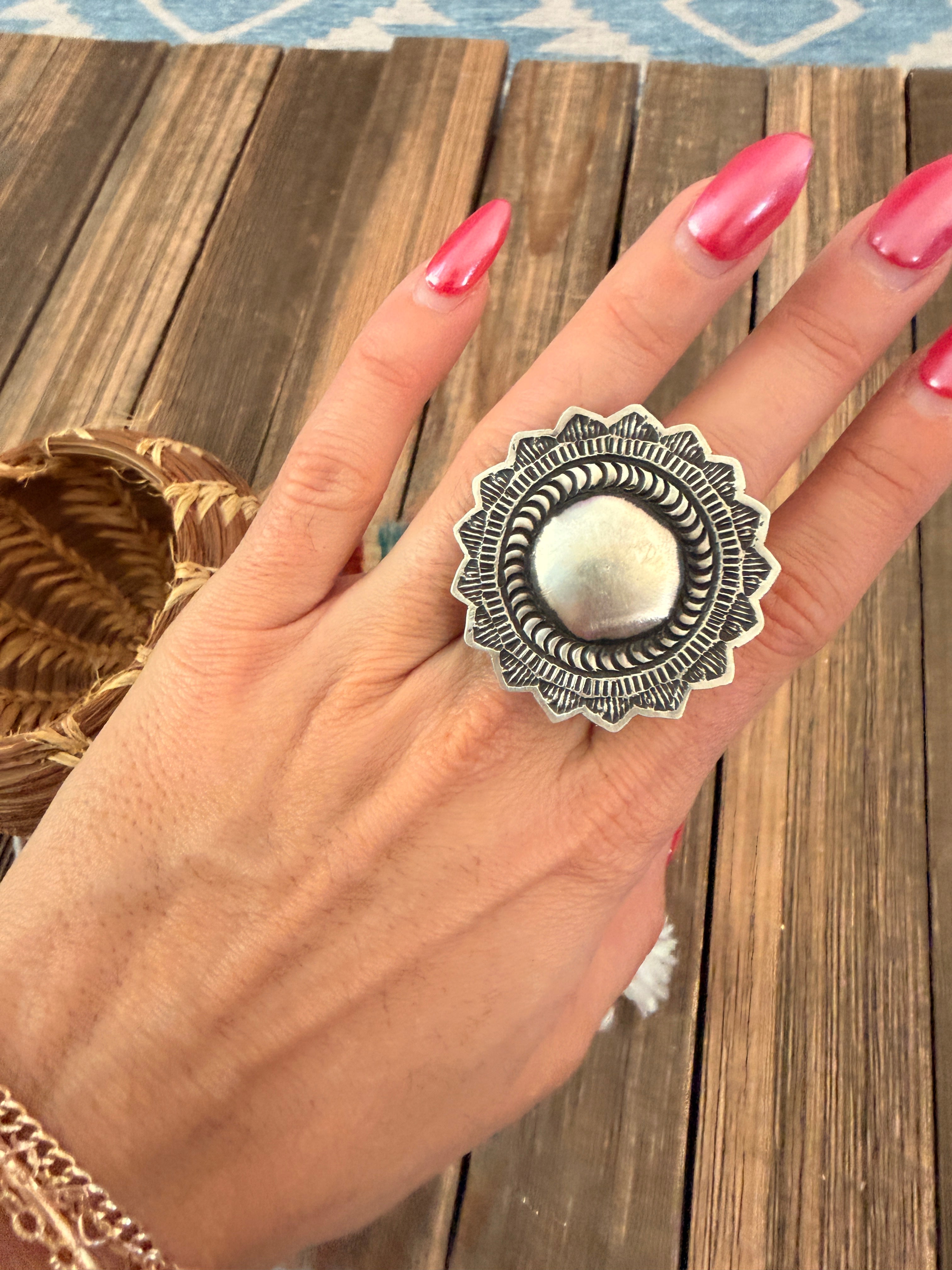 Handcrafted Sterling Silver Adjustable Concho Ring by Leander Tahe