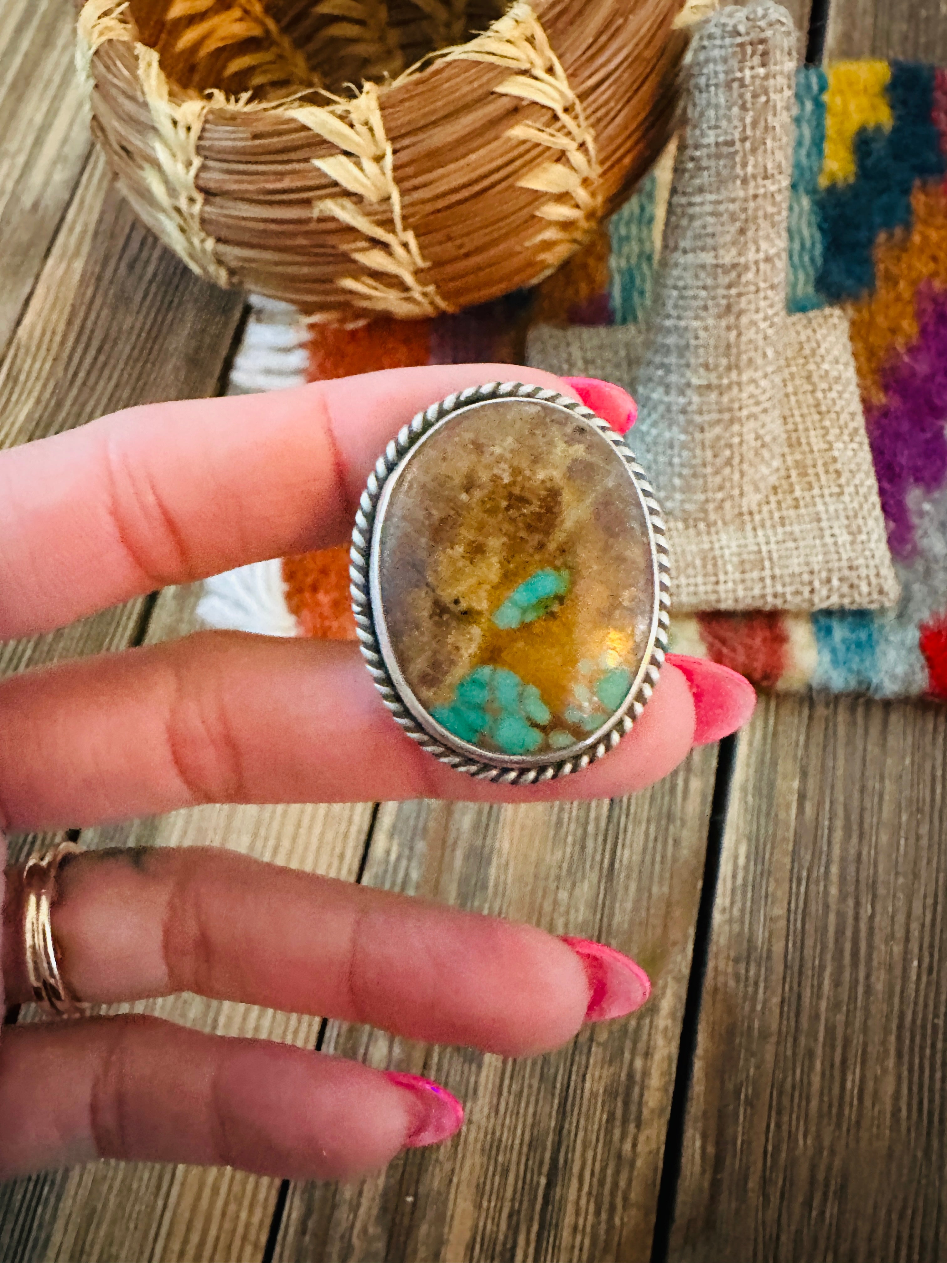 Handcrafted Turquoise & Sterling Silver Ring by Patrick Yazzie Size 11