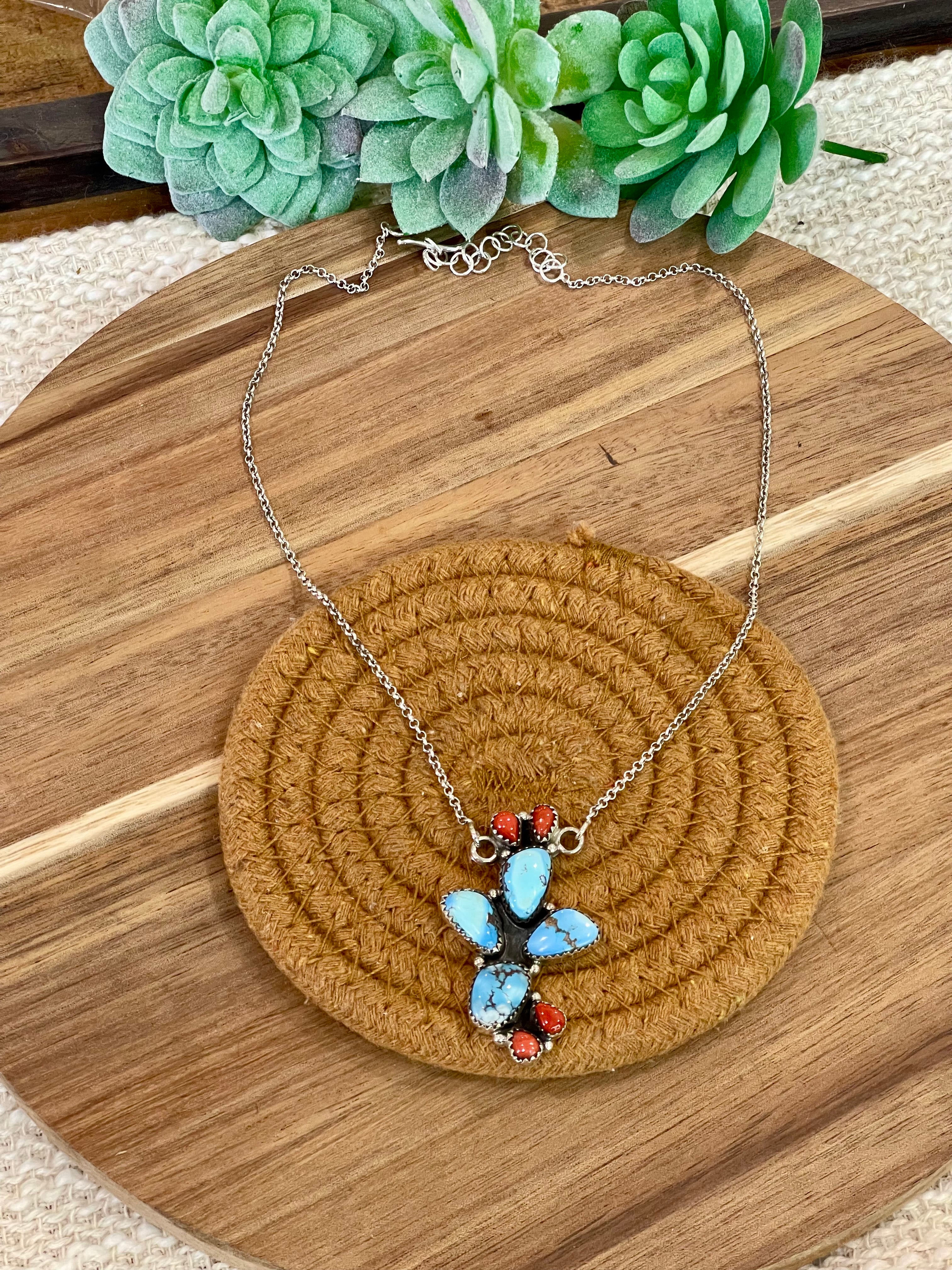 Handmade Sterling Silver, Golden Hills Turquoise & Coral Necklace Signed Nizhoni