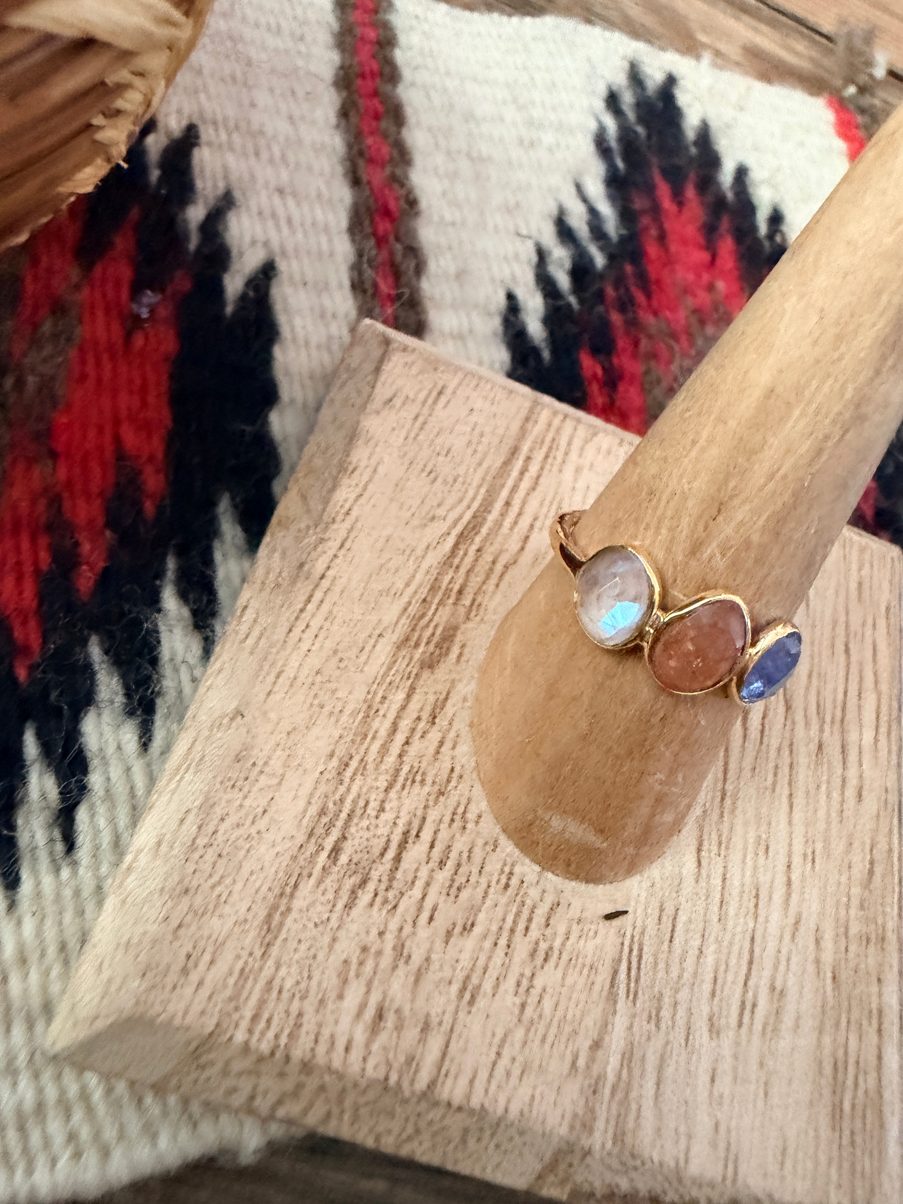 Handmade 18K Gold Vermeil Sterling Silver & Multi Stone Ring Size 8