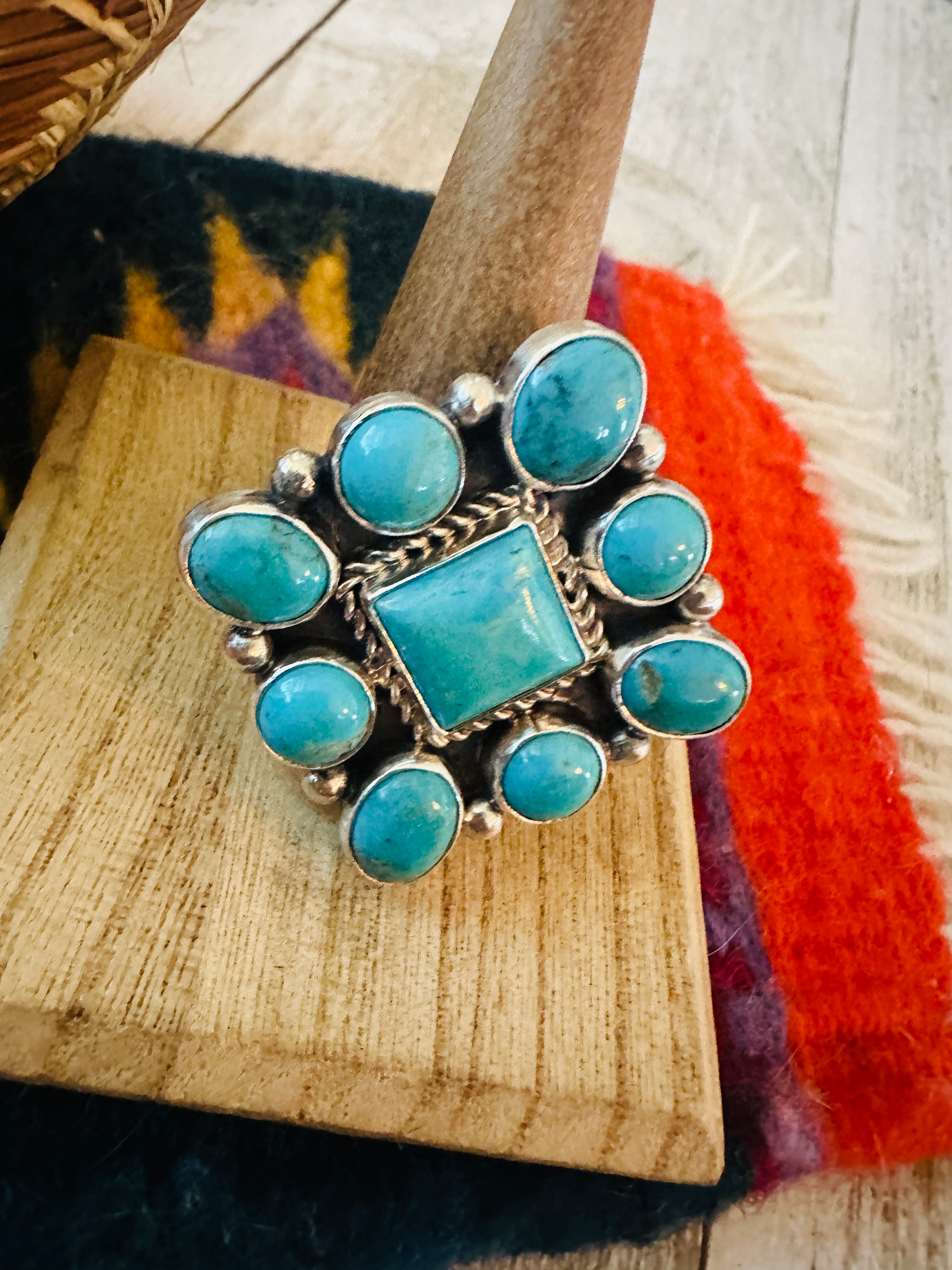 Handcrafted Sterling Silver & Turquoise Cluster Adjustable Ring