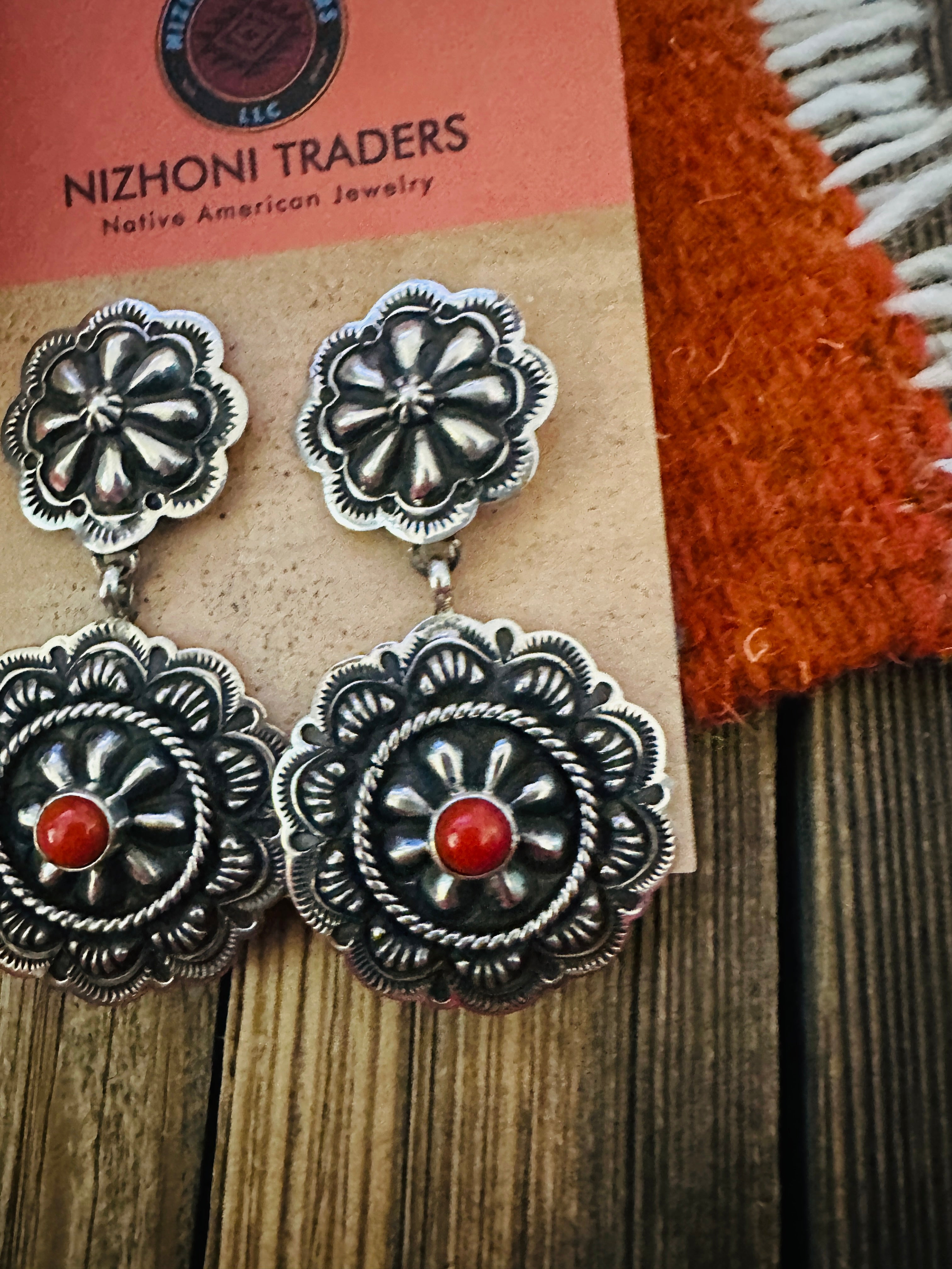Handcrafted Coral & Sterling Silver Concho Dangle Earrings