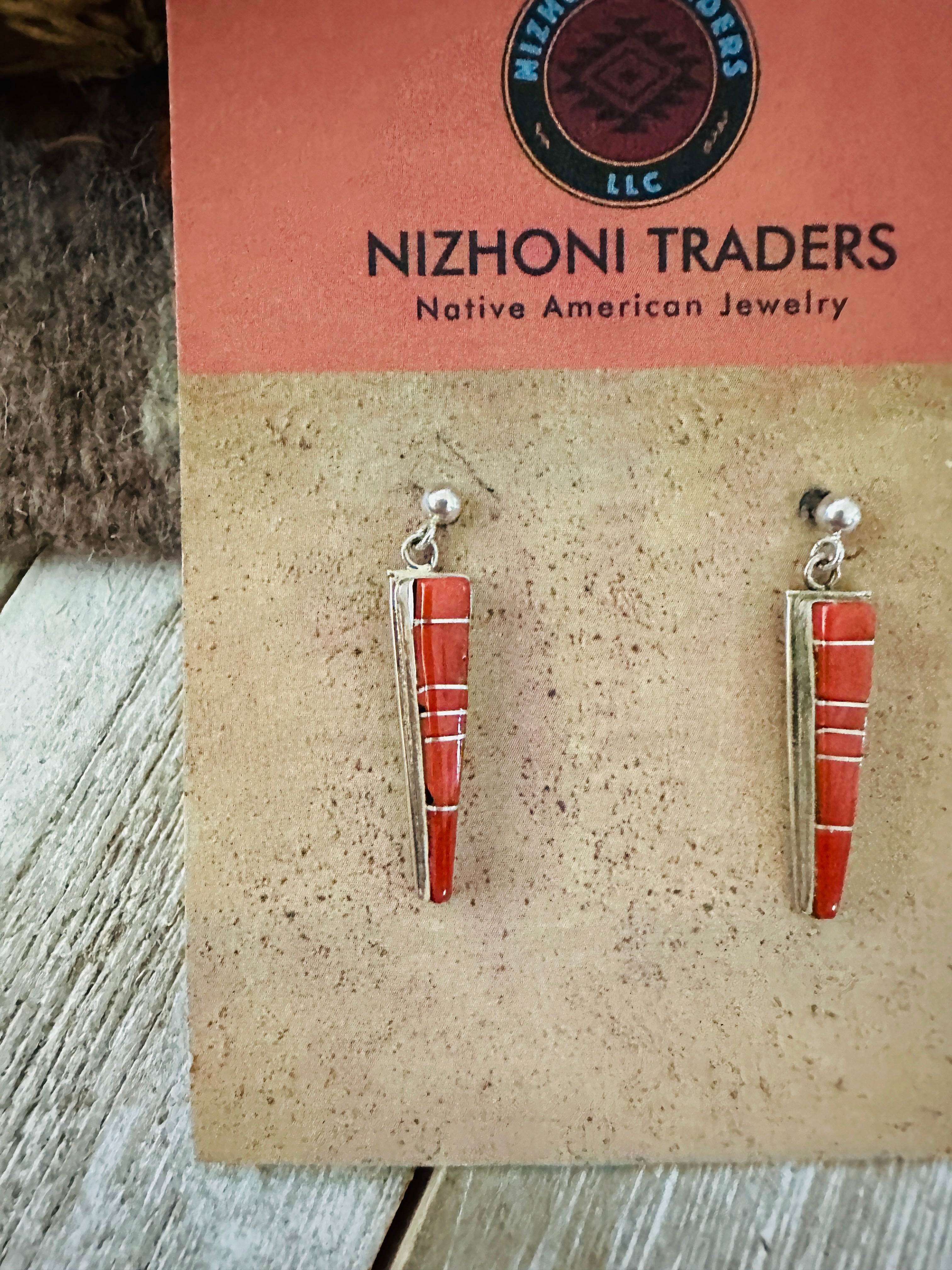 Handcrafted Sterling Silver & Coral Inlay Dangle Earrings