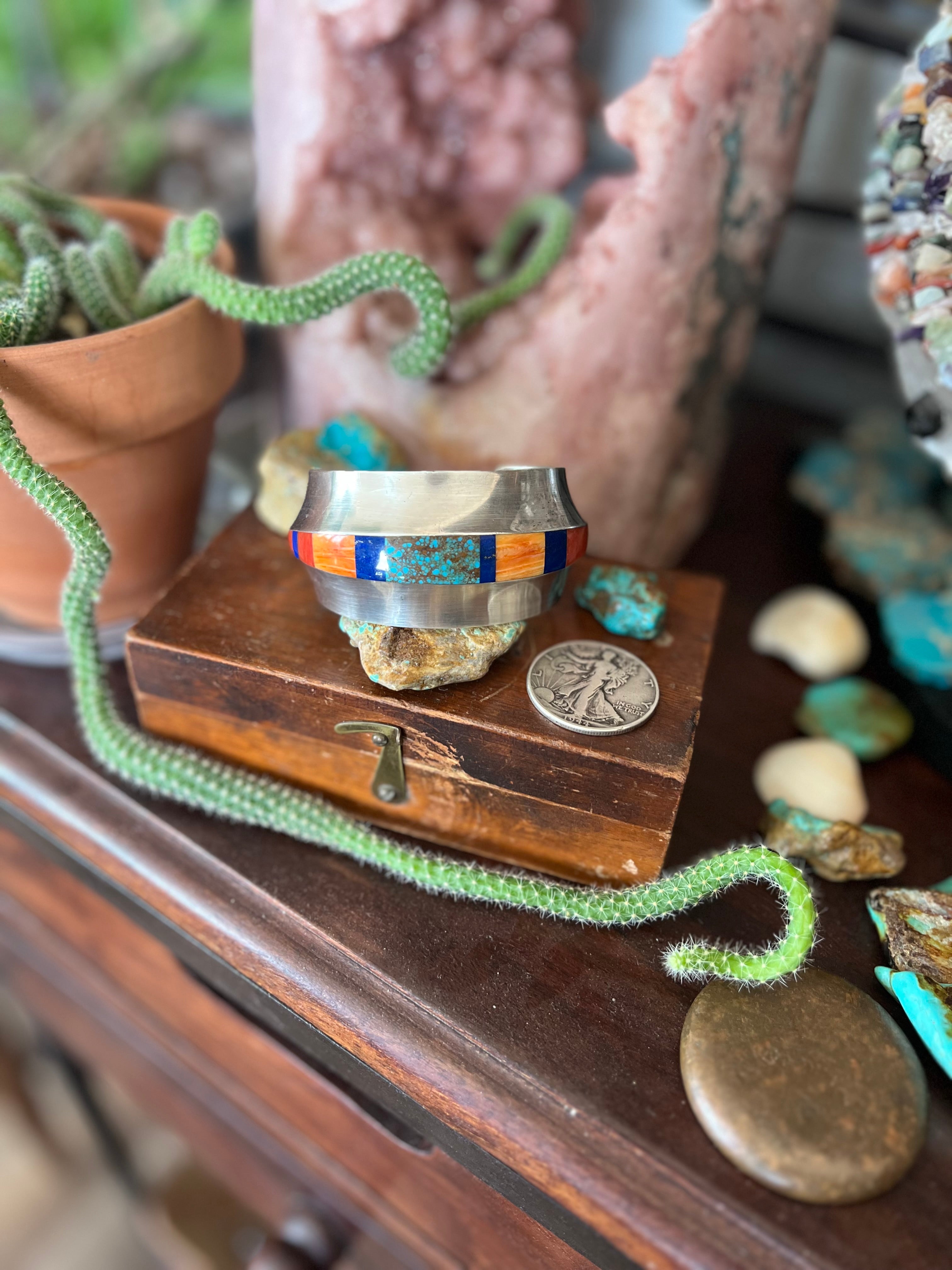 Old Pawn Sterling Silver, Number 8 Turquoise, Lapis, Spiny Oyster and Coral Inlay Cuff Bracelet by Duane Maktima /