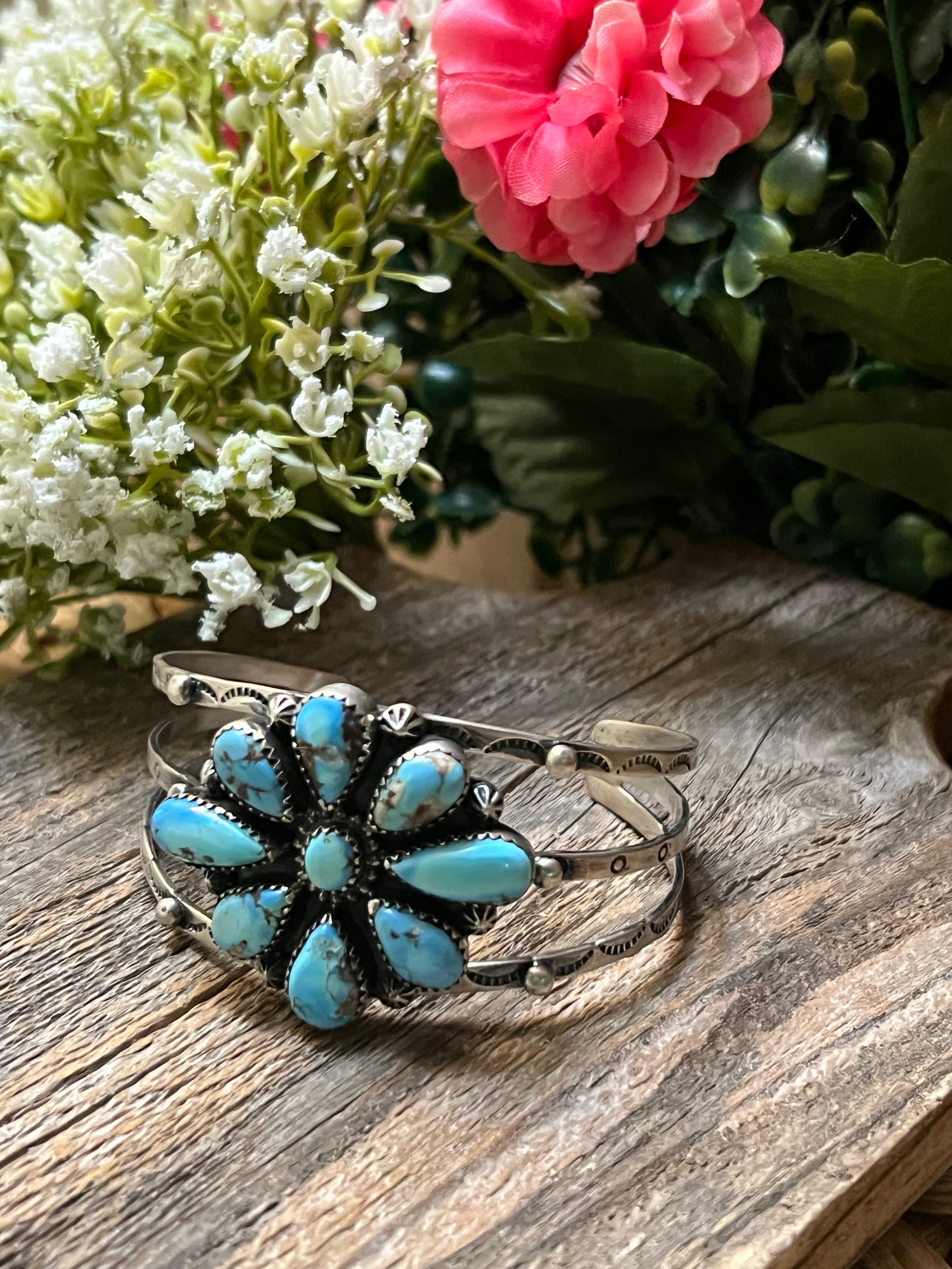 Handmade Golden Hills Turquoise Cluster Sterling Silver Cuff Bracelet (04)