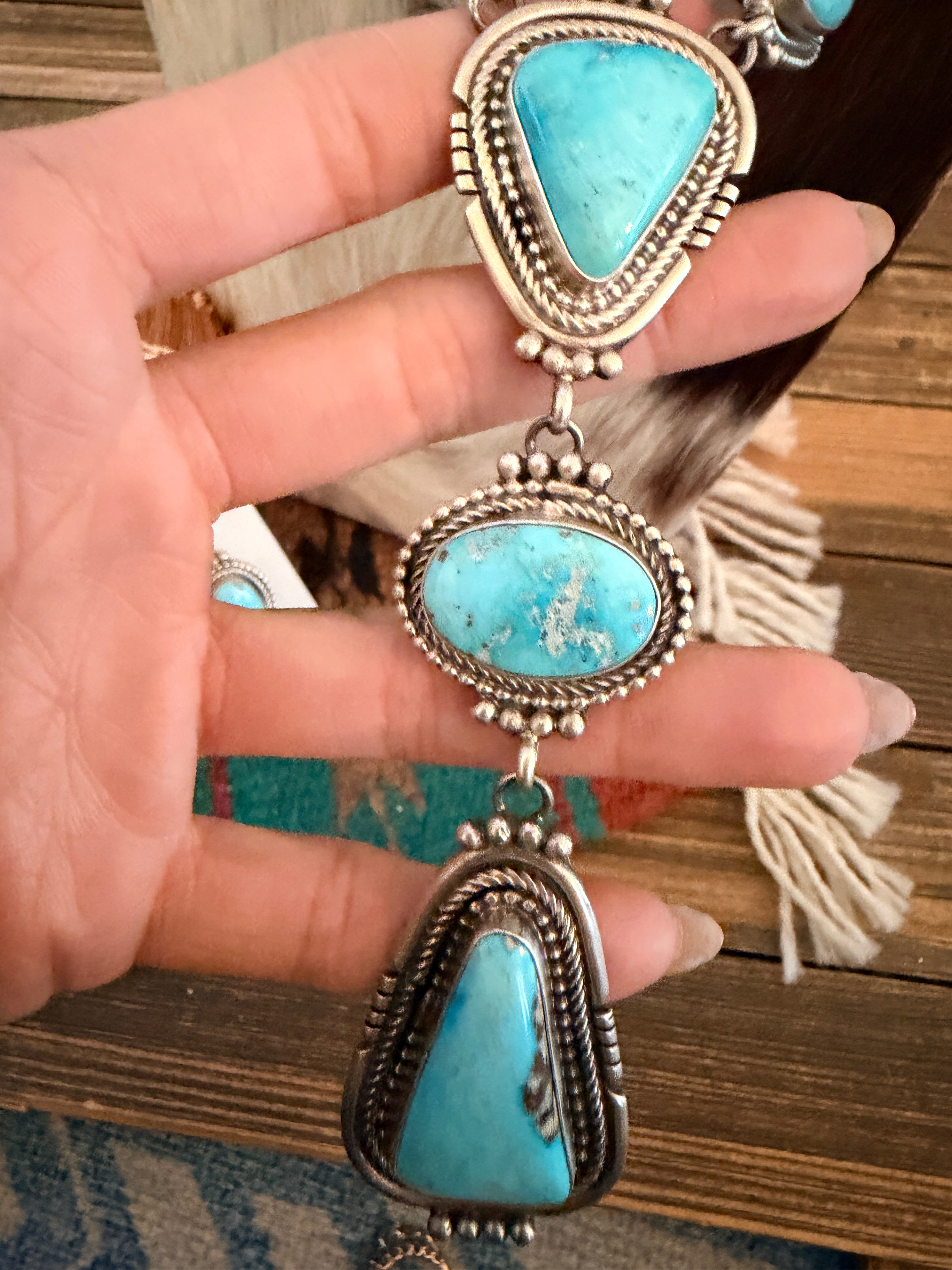 Handcrafted Kingman Turquoise & Sterling Silver Necklace and Earring Set