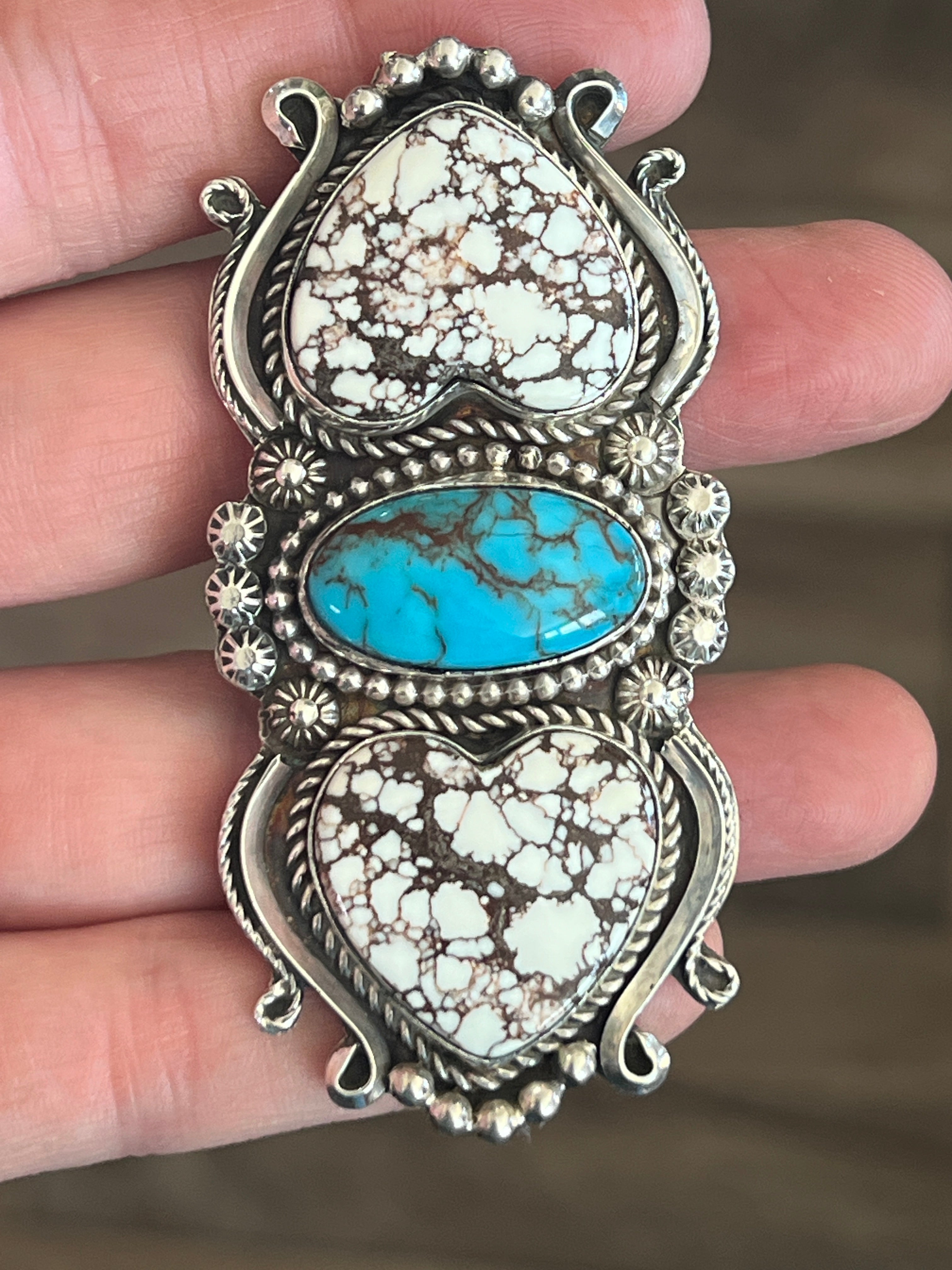 Apache Sterling Silver, Wild Horse Heart and Egyptian Turquoise Statement Ring by Rosella Paxson, Size 6.5