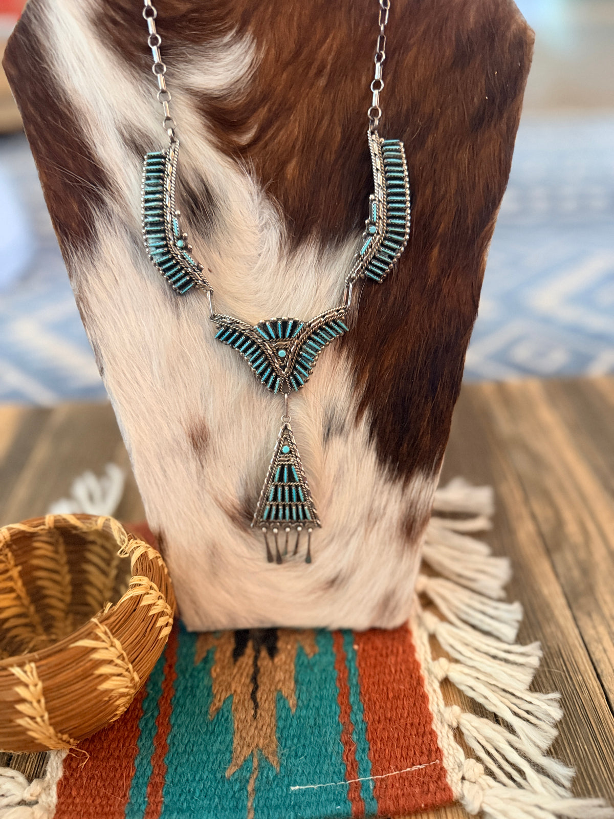 Old Pawn Handcrafted Turquoise & Sterling Silver Needlepoint Necklace