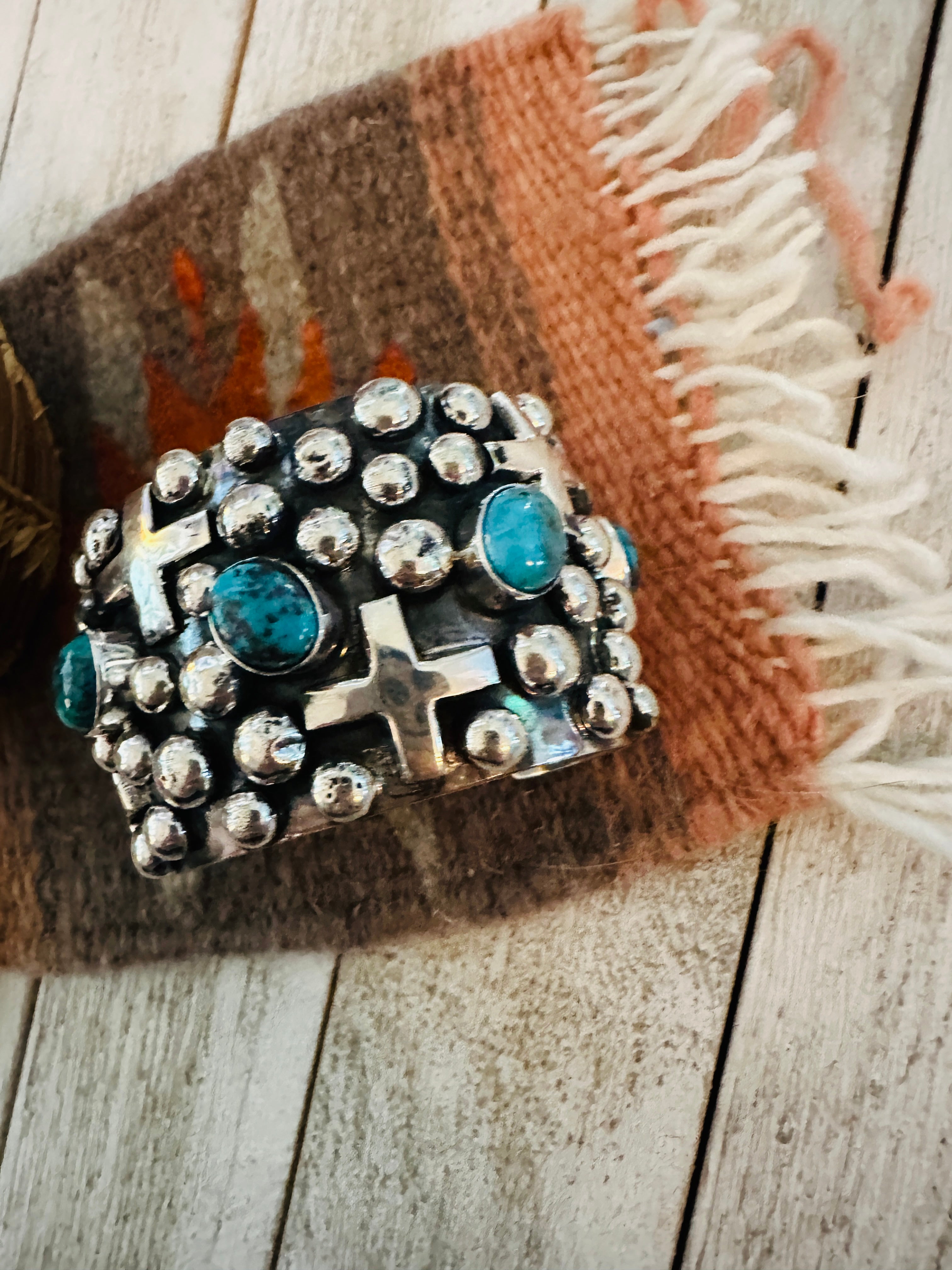 Handcrafted Turquoise & Sterling Silver Cross Cuff Bracelet By Chimney Butte w/ Matrix /