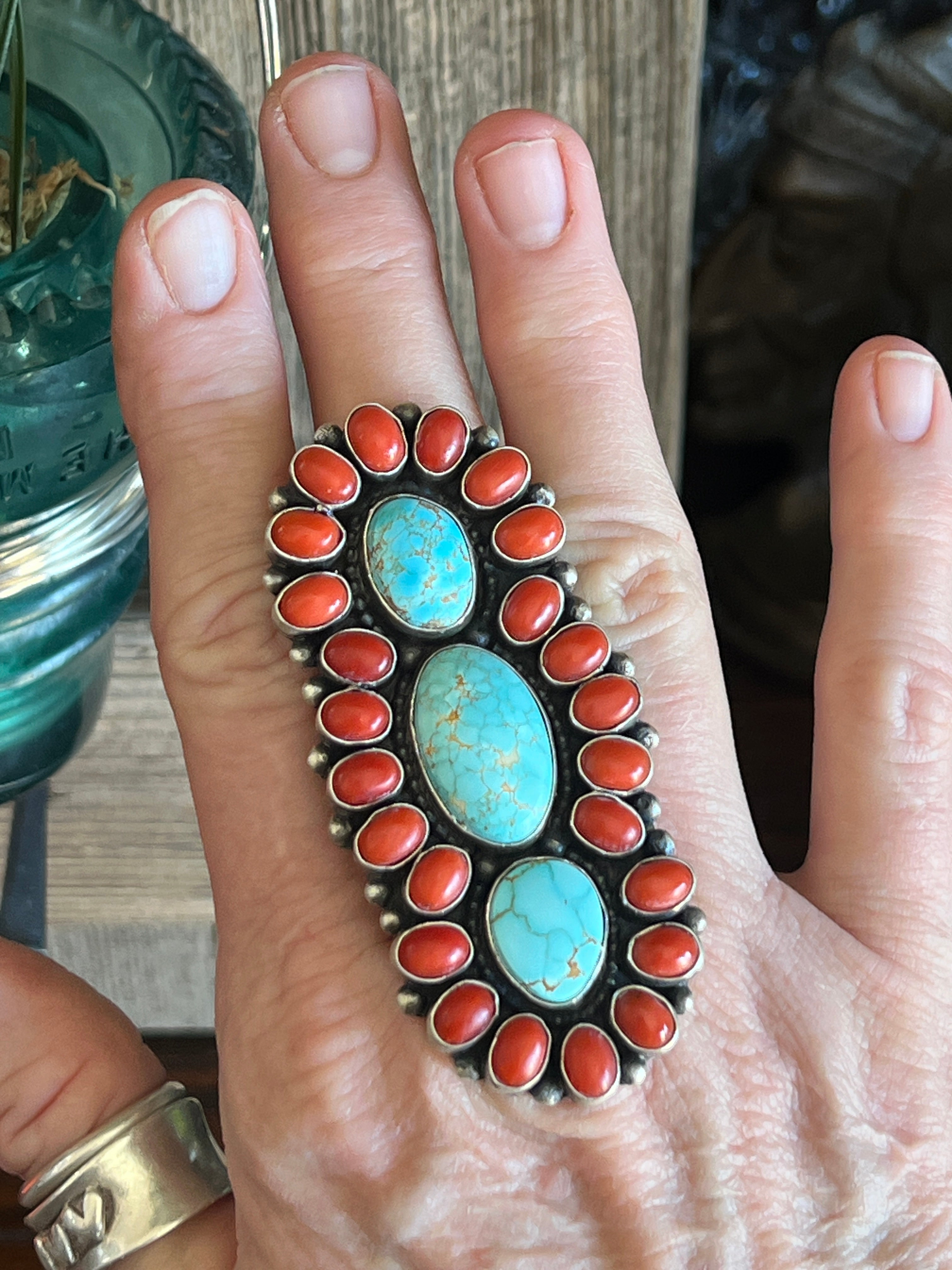 Handcrafted Sterling Silver, Coral and Number 8 Turquoise Ring by Darrin Livingston, Size 9
