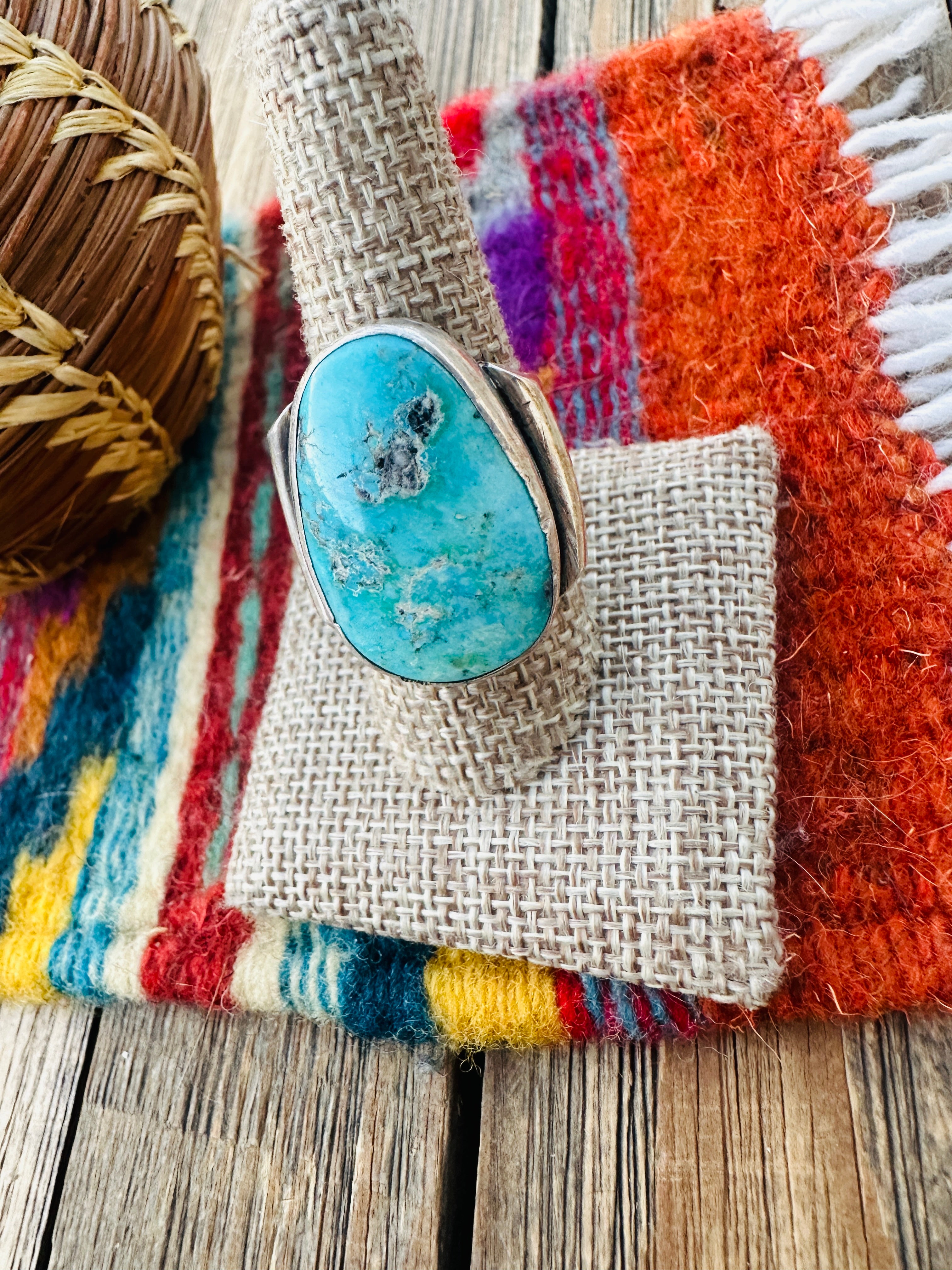 Old Pawn Handcrafted Turquoise & Sterling Silver Ring Size 10.5