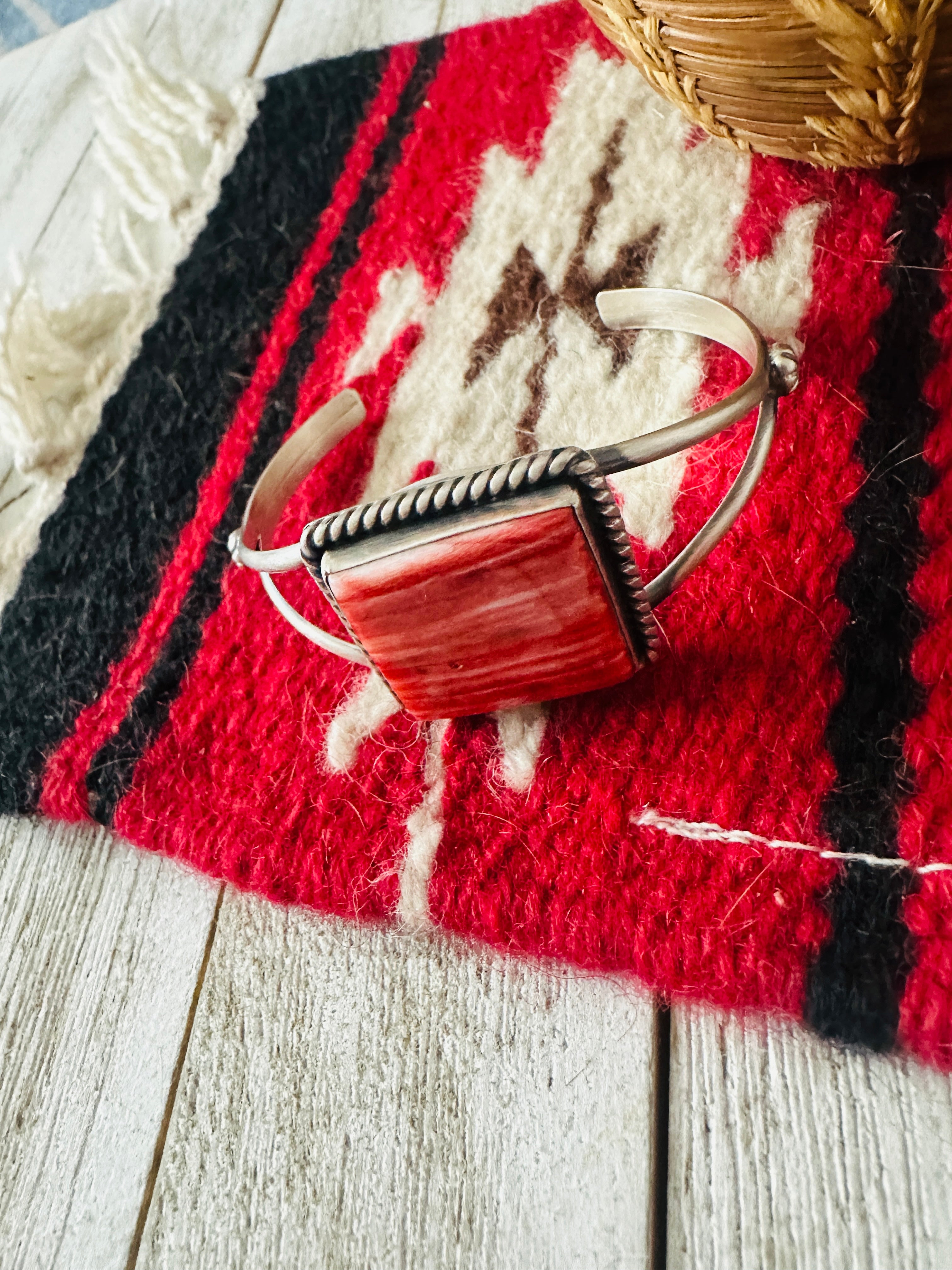Navajo Orange Spiny & Sterling Silver Square Cuff Bracelet